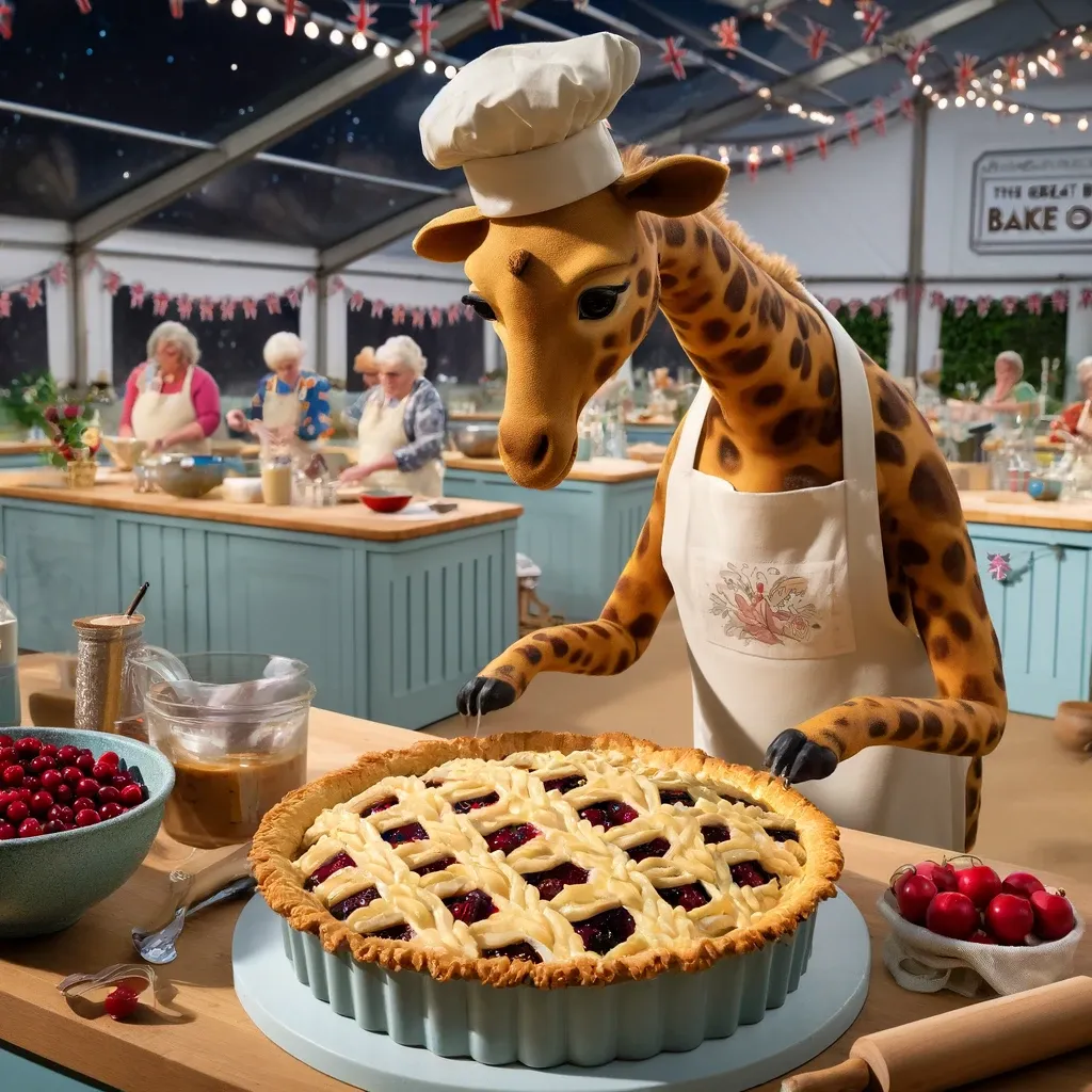 The view of the tent is vaguely similar but the style and angle are completely different, and now it's a closeup of the pie, which is nice and deep with a neatly braided lattice. The tent does indeed show the outside now, but rather than raining it's a clear starry night. Also all the bakers are not only white, but elderly. 