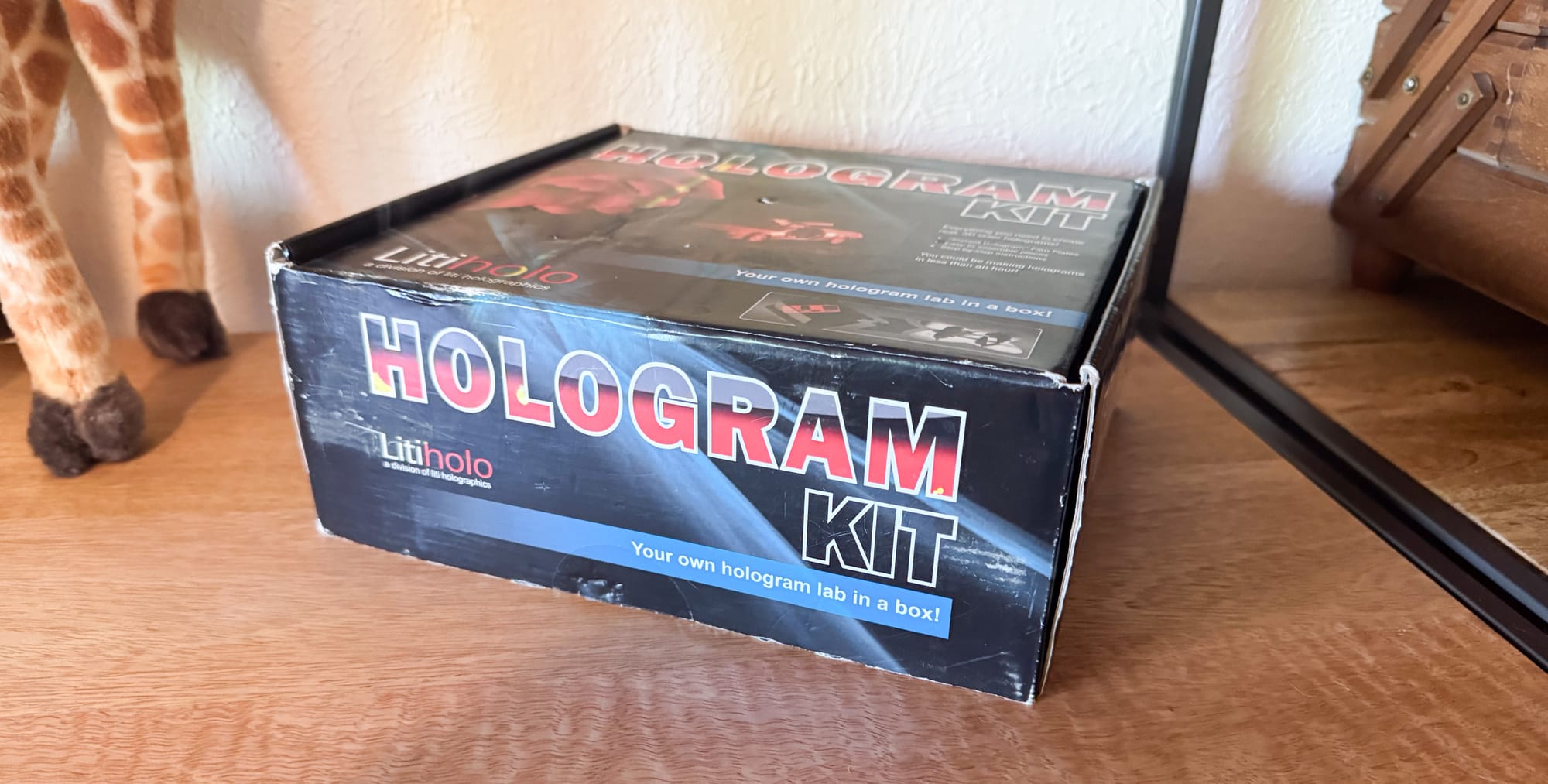 A beat-up cardboard box the size of a large shoebox, labeled "Hologram Kit! Your own hologram lab in a box!". In the background are the feet of a plush giraffe, and an antique sewing box.