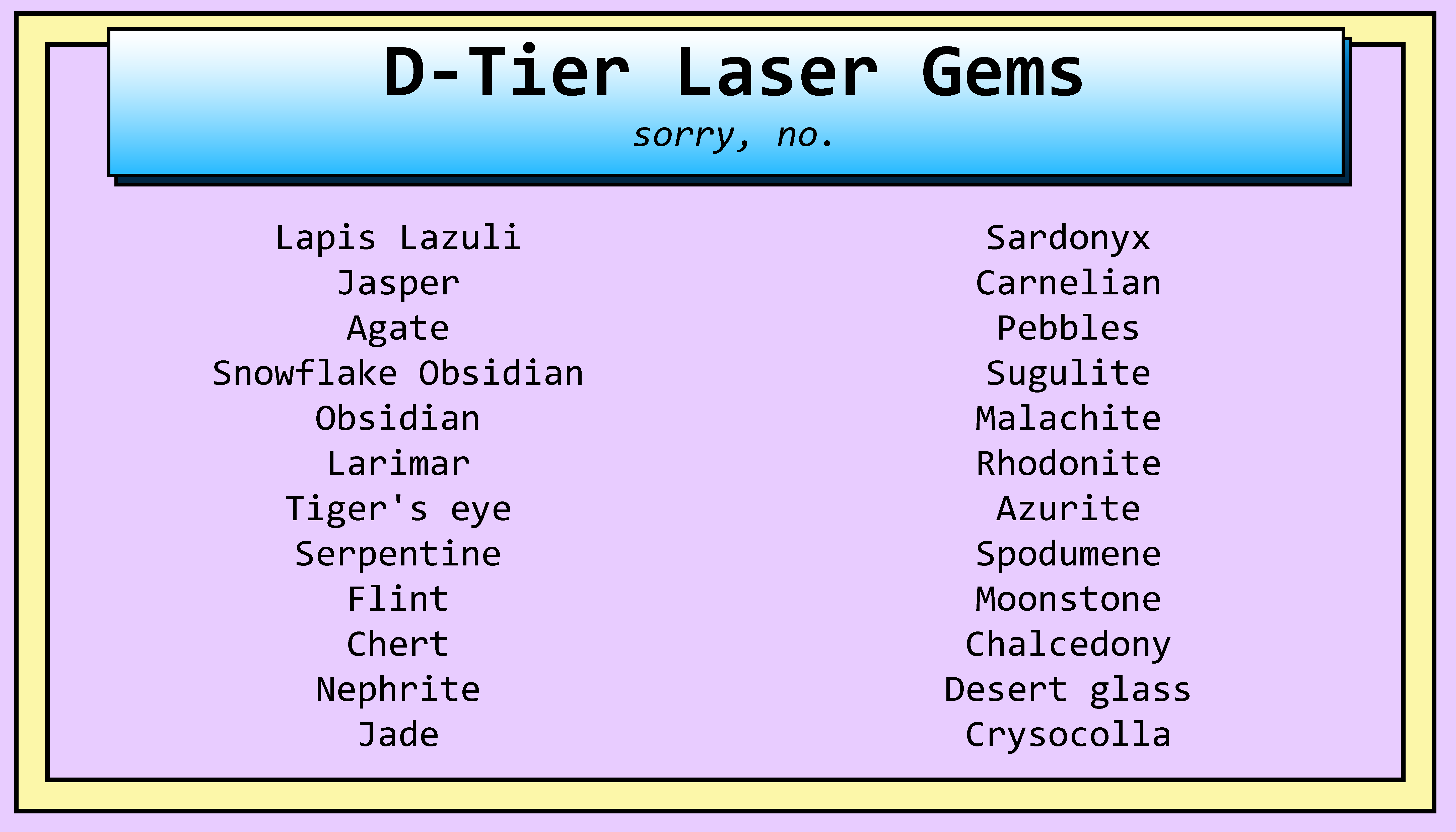 D-tier laser gems. Sorry, no. Lapis Lazuli Jasper Agate Snowflake Obsidian Obsidian Larimar Tiger's eye Serpentine Flint Chert Nephrite Jade Sardonyx Carnelian Pebbles Sugulite Malachite Rhodonite Azurite Spodumene Moonstone Chalcedony Desert glass Crysocolla
