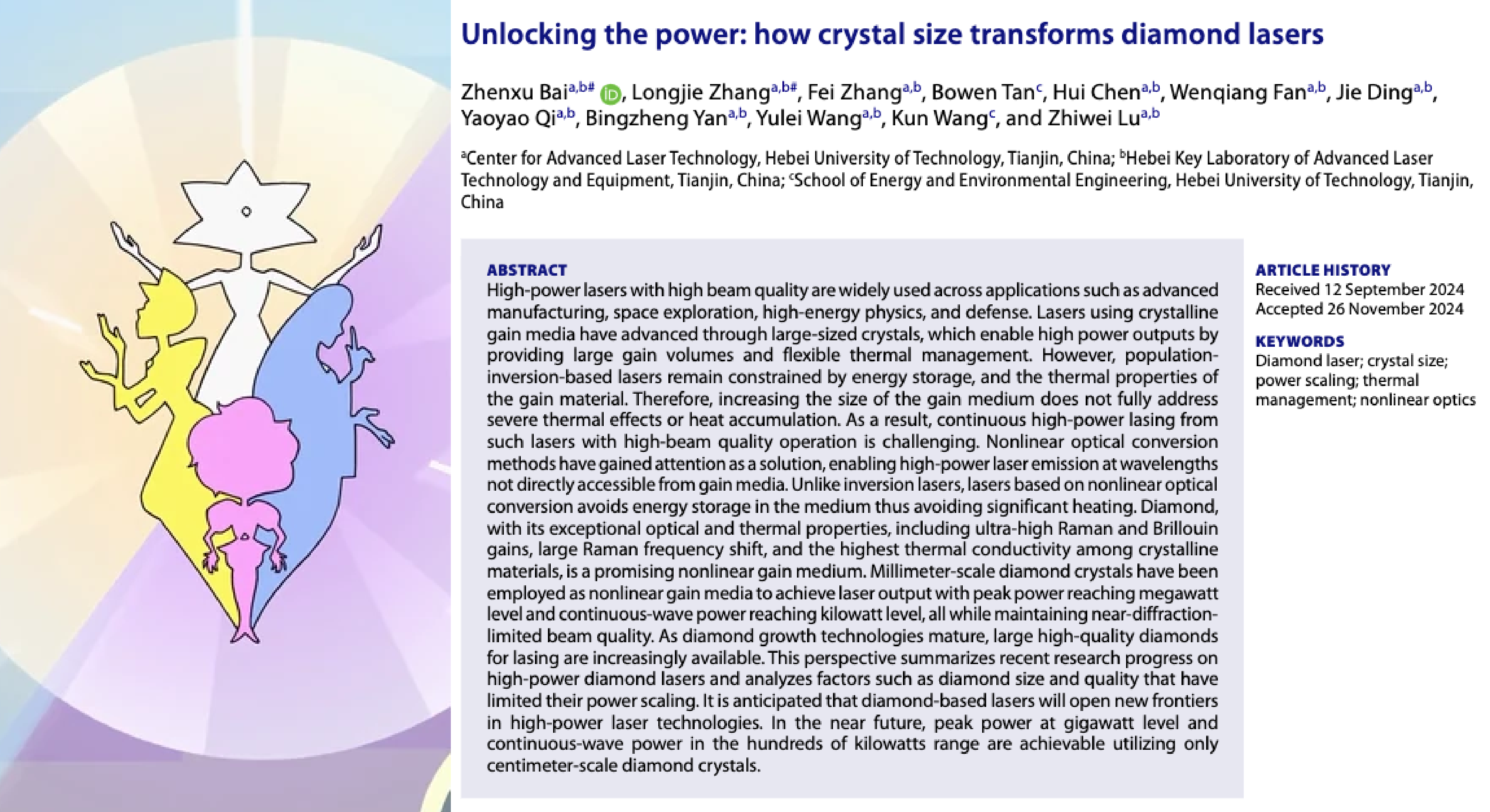 Silhouettes of white, yellow, blue, and pink diamond characters, shown next to a 2024 article "Unlocking the power: how crystal size transforms diamond lasers".
