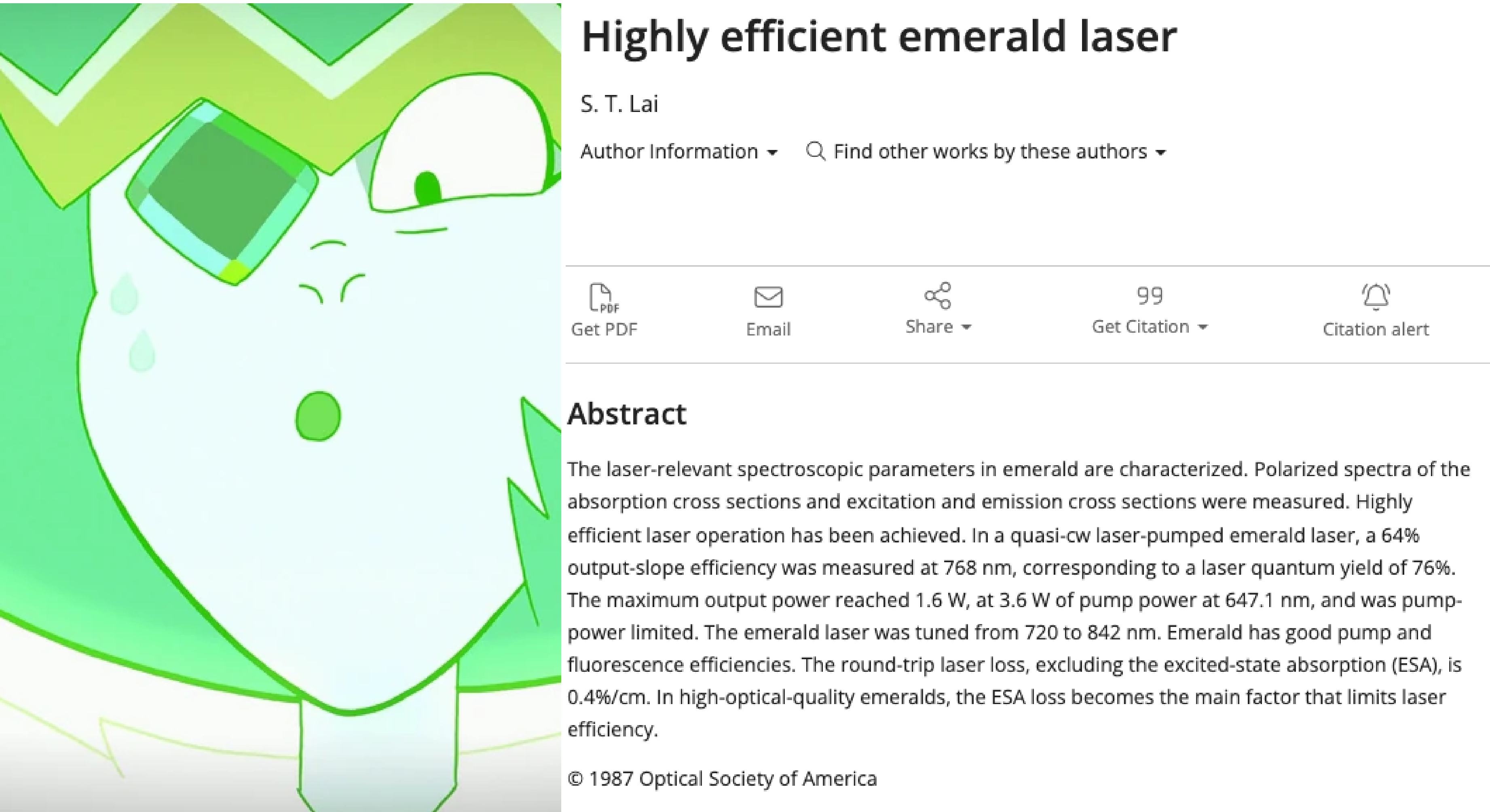 Emerald (the character from Steven Universe) looking vaguely excited. On the right is a 1987 paper titled "Highly Efficient Emerald Laser".