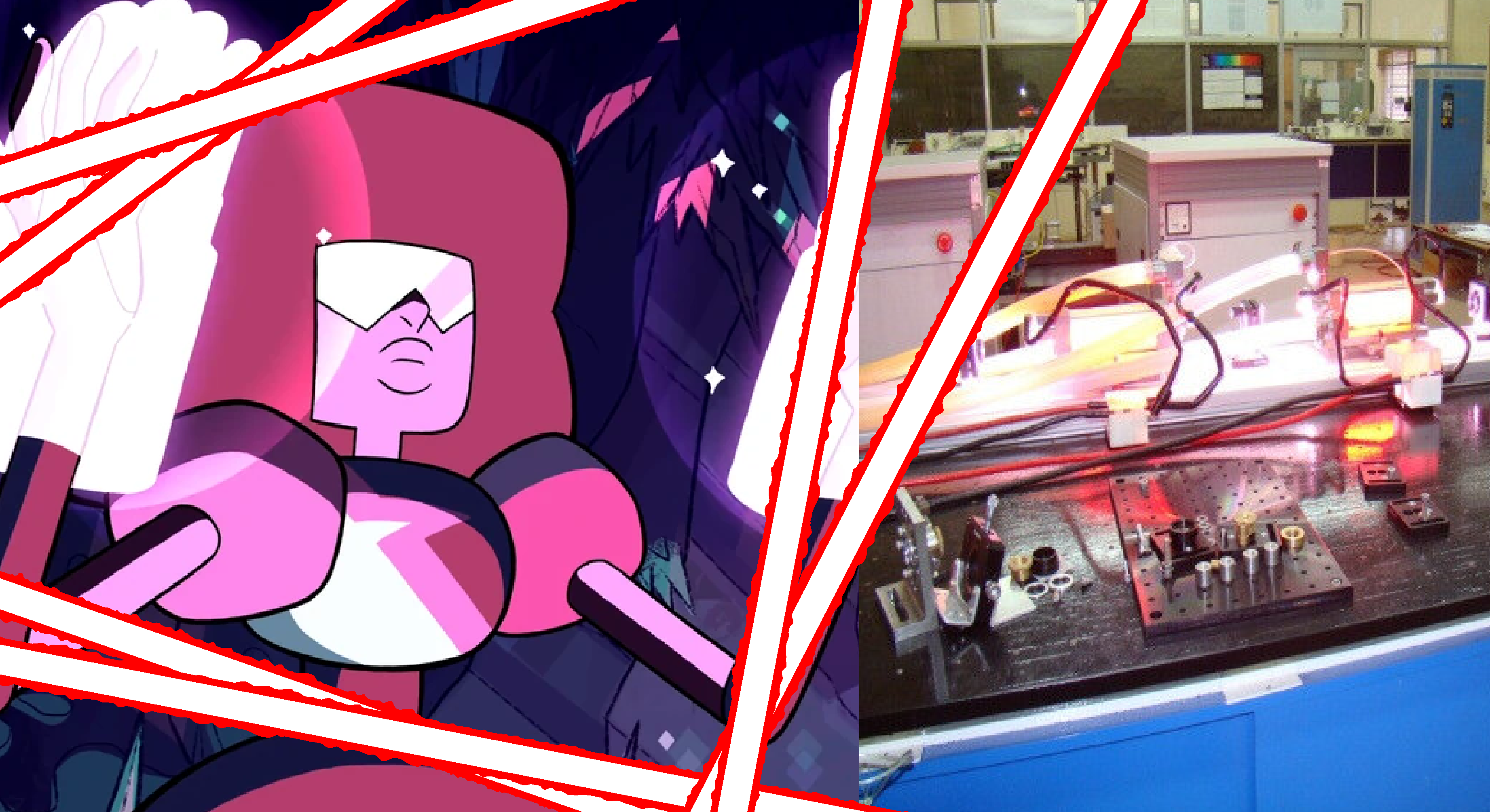 The character Garnet raises her impressive glowing hands, while surrounded by six red laser beams. Right: A photo of an Nd:YAG laser (neodymium doped yttrium aluminum garnet) in a research lab. Much of the laser is glowing white because of the weird ceramic reflectors they were using. Unusual but very cool looking.