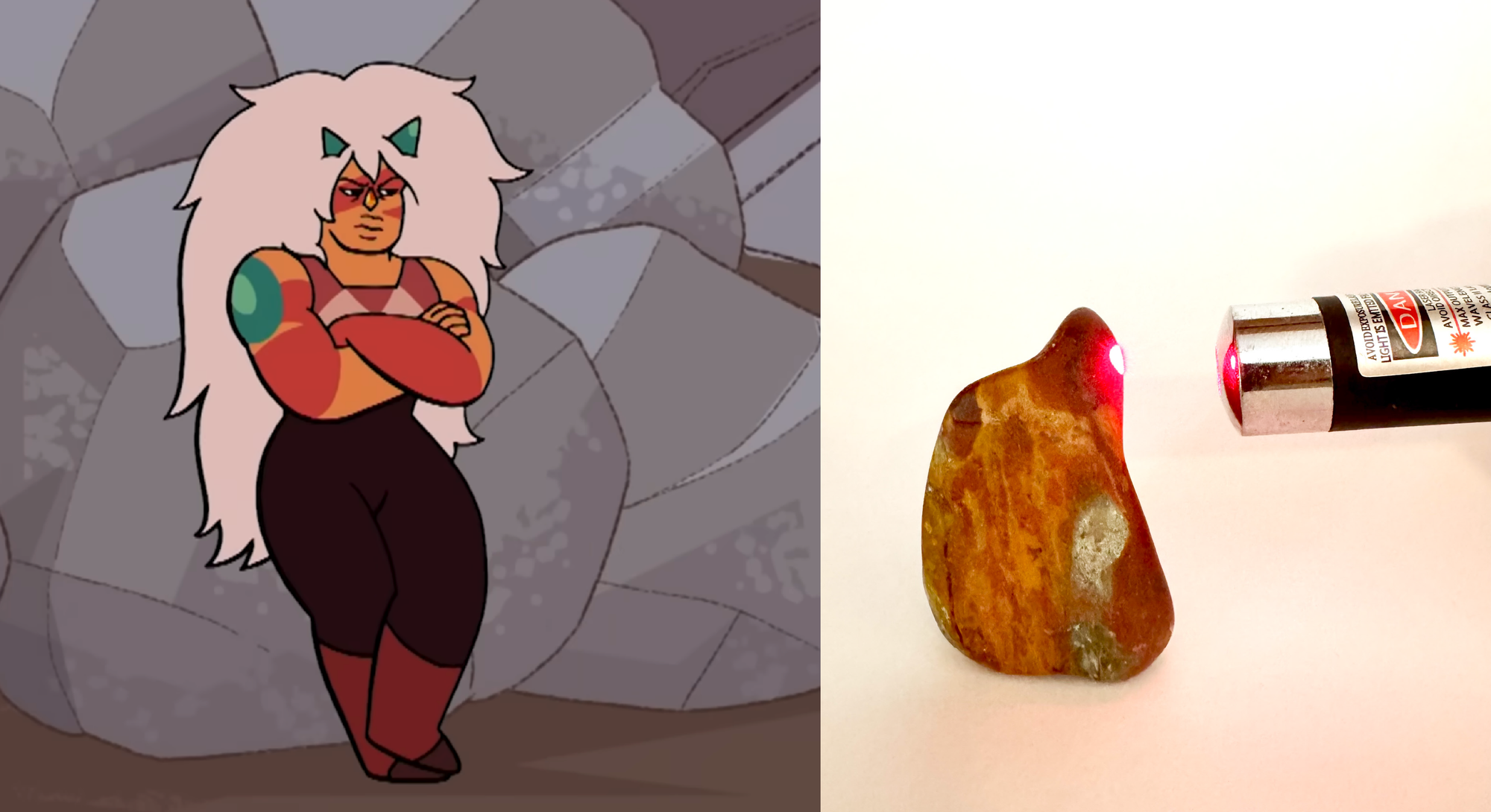 Jasper (the Steven Universe character) looking miffed. The right half of the image shows a red laser beam hitting a chunk of jasper and being immediately absorbed.