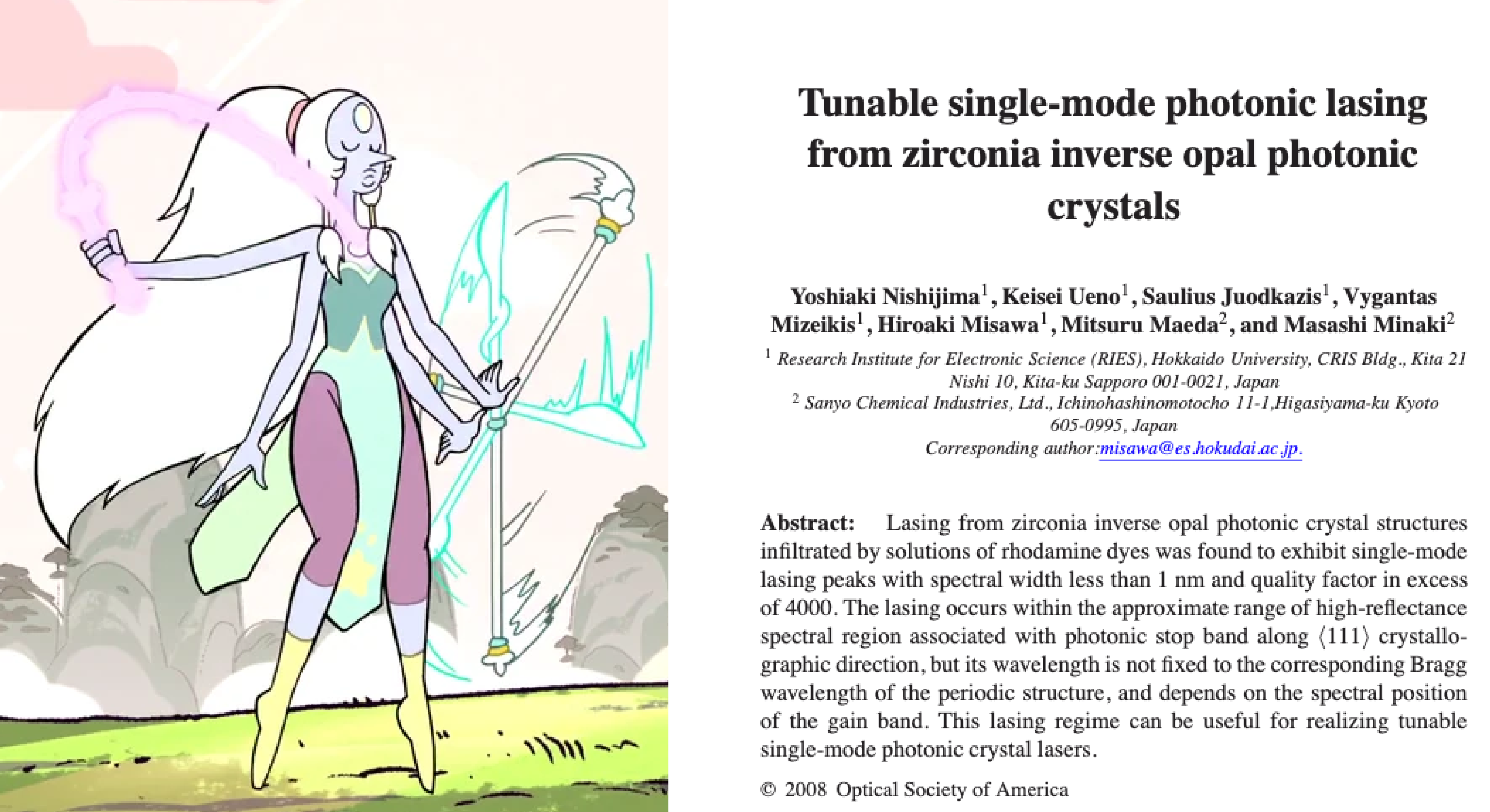 Opal, with her six arms and dual-wielded weapons, hovers majestically above the ground. On the right is a 2008 paper called "Tunable single-mode photonic lasing from zirconia inverse opal photonic crystals"