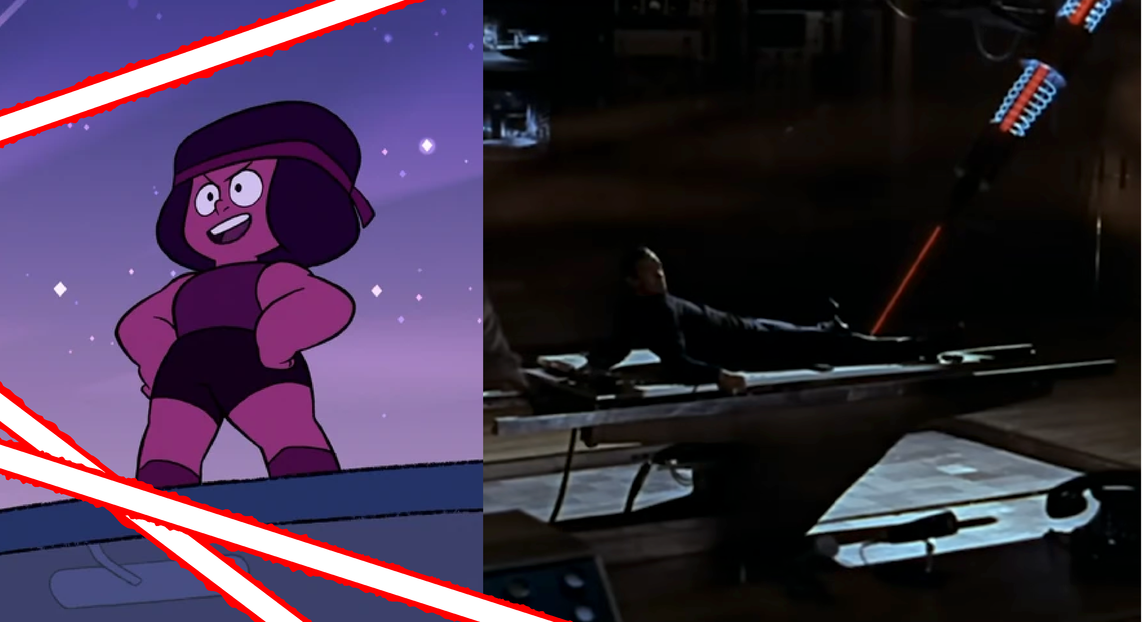 Left: Garnet (the character) looking triumphant and strong while surrounded by red laser beams. Right: James Bond being threatened with a red laser in the movie Goldfinger.