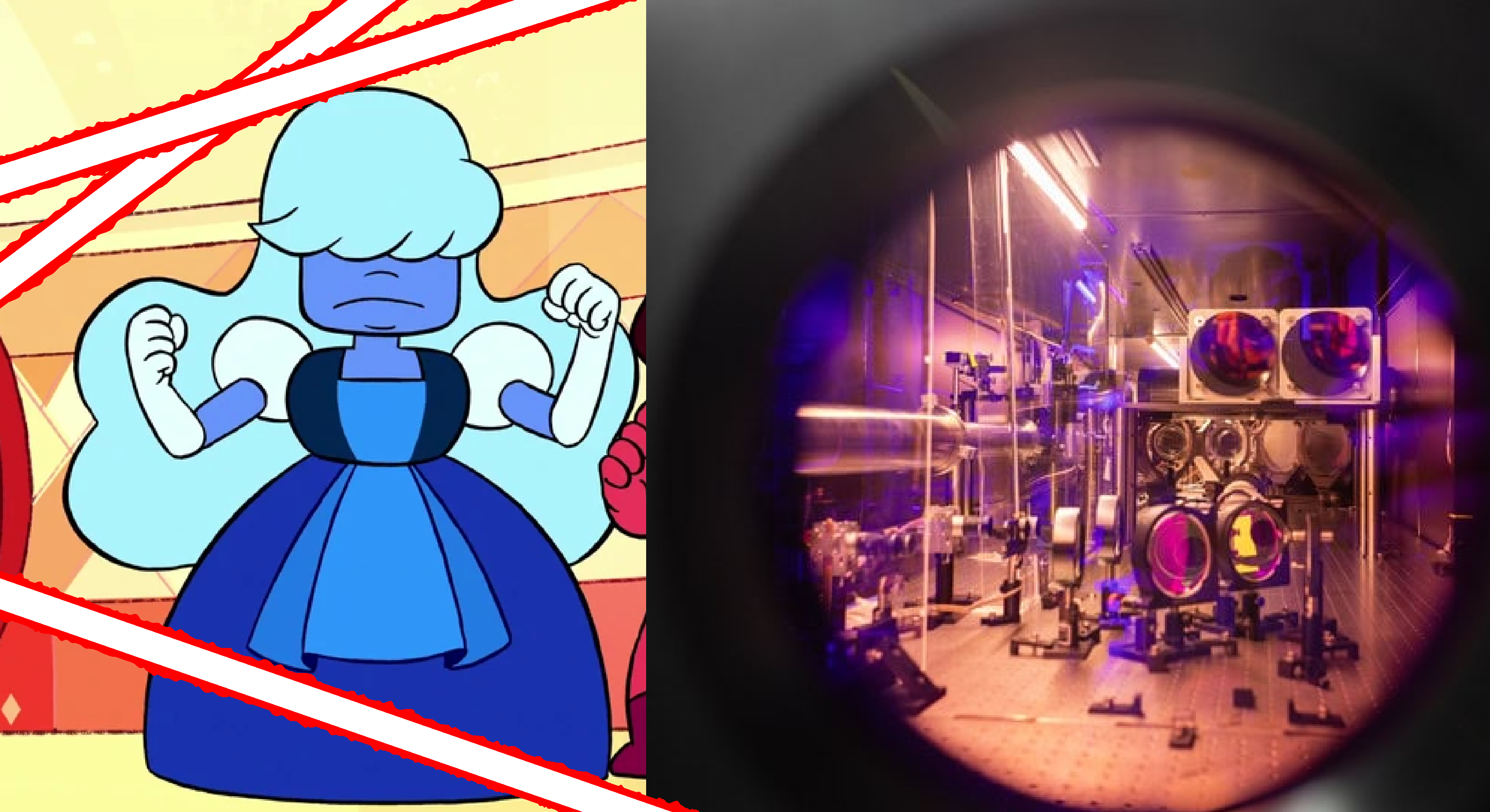 Left: Sapphire looking fierce, surrounded by red laser beams. Right: the inside of a laser, viewed through a giant titanium sapphire crystal. The laser appears to be off, but there are cool blue reflections from somewhere, and the crystal is a lovely magenta color.