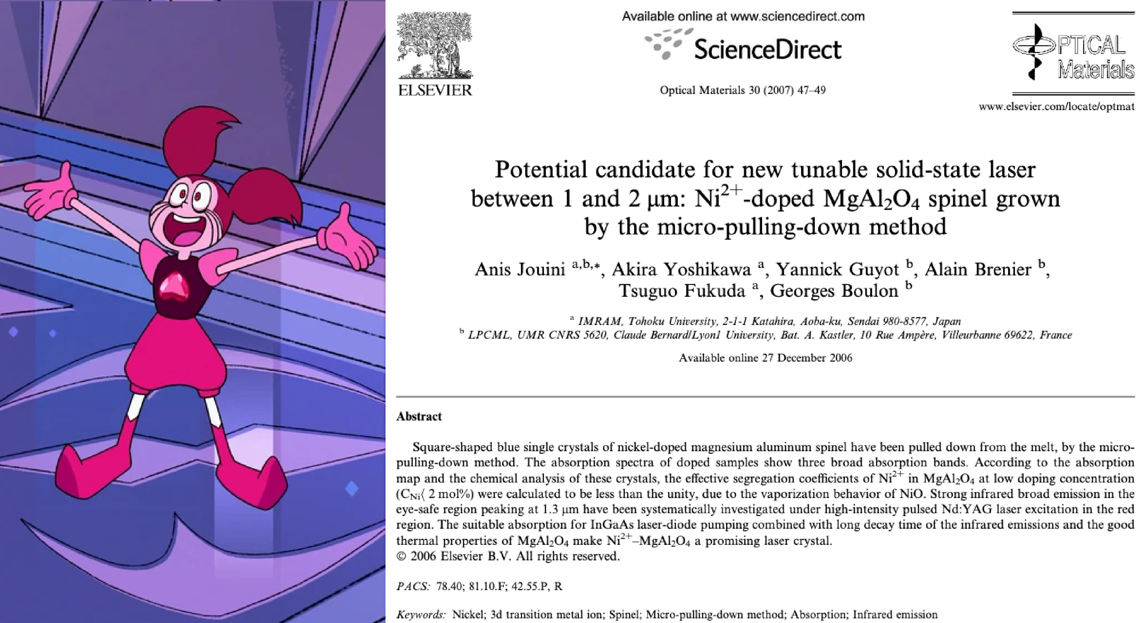 Spinel (from Steven Universe) looking triumphant. Next to her is the title and abstract of a 2006 paper "Potential candidate for new tunable solid-state laser between 1 and 2 micrometers: Ni 2+ -doped MgAl2O4 spinel grown by the micro-pulling-down-method.