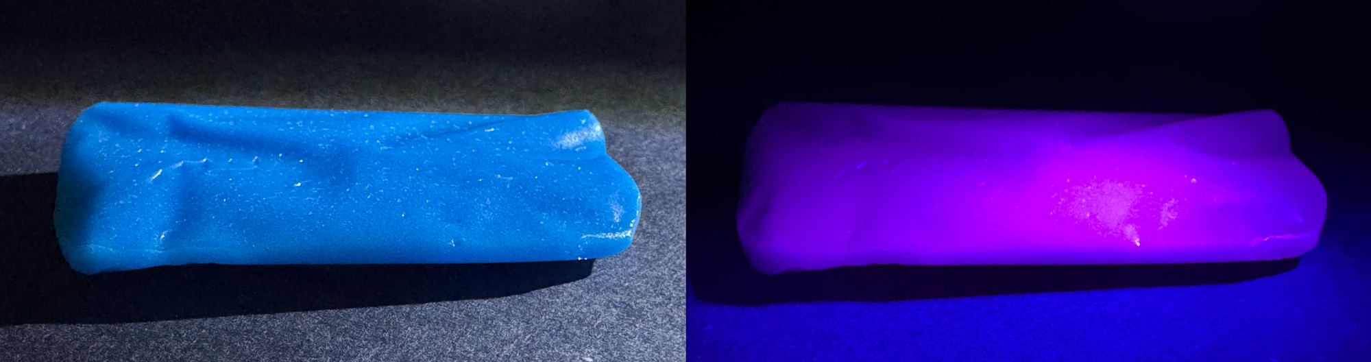 Left: A blue amorphous blob that is an unwrapped Airhead taffy. Right: the Airhead is now glowing magenta.