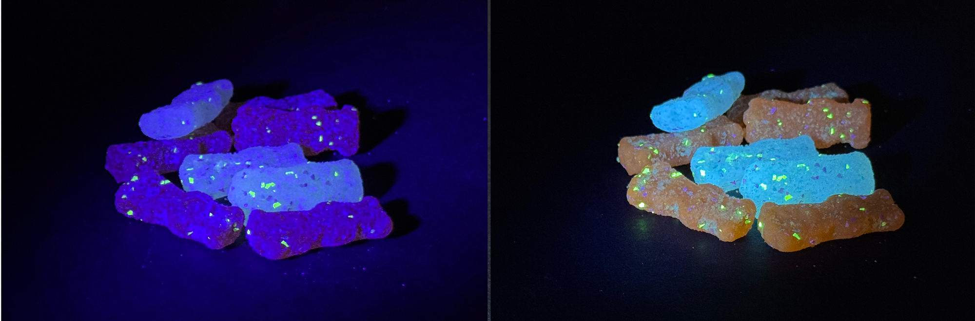 In both images, the most obvious feature are the bright green-yellow sprinkles that are glowing on the candies. There aren't actually that many sprinkles per candy, maybe around 10 or less?