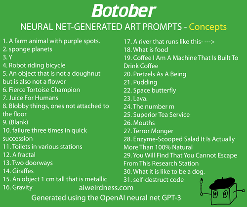 1. A farm animal with purple spots.
2. sponge planets
3. Y
4. Robot riding bicycle
5. An object that is not a doughnut but is also not a flower
6. Fierce Tortoise Champion
7. Juice For Humans
8. Blobby things, ones not attached to the floor 
9. (Blank)
10. failure three times in quick succession
11. Toilets in various stations
12. A fractal
13. Two doorways
14. Giraffes
15. An object 1 cm tall that is metallic
16. Gravity
17. A river that runs like this- --->
18. What is food
19. Coffee I Am A Machine That Is Built To Drink Coffee
20. Pretzels As A Being
21. Pudding
22. Space butterfly
23. Lava.
24. The number m
25. Superior Tea Service
26. Mouths
27. Terror Monger
28. Enzyme-Scooped Salad It Is Actually More Than 100% Natural
29. You Will Find That You Cannot Escape From This Research Station
30. What it is like to be a dog.
31. self-destruct code