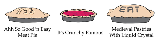 it's crunchy famous, ahh so good 'n easy meat pie, medieval pastries with liquid crystal it's crunchy famous, ahh so good 'n easy meat pie, medieval pastries with liquid crystal