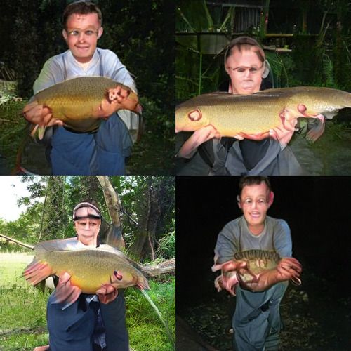 Four images which are clearly white men holding something green and speckled. In some images the green thing is more fish-textured, but in no case does it have a clear head and tail. It’s just a big fish body. Its lower fins are weirdly blended with lots and lots of pink human fingers. Four images which are clearly white men holding something green and speckled. In some images the green thing is more fish-textured, but in no case does it have a clear head and tail. It’s just a big fish body. Its lower fins are weirdly blended with lots and lots of pink human fingers.