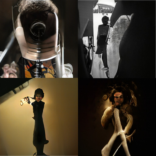 Four images with dramatic dark contrasts. Upper left might be a microphone shape with either a furry sound baffle or a head of gray human hair. The rest look like humans. Four images with dramatic dark contrasts. Upper left might be a microphone shape with either a furry sound baffle or a head of gray human hair. The rest look like humans.