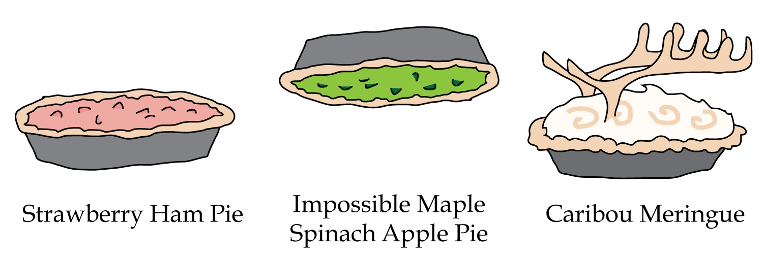 Strawberry Ham Pie, Impossible Maple Spinach Apple Pie, Caribou Meringue Pie Strawberry Ham Pie, Impossible Maple Spinach Apple Pie, Caribou Meringue Pie