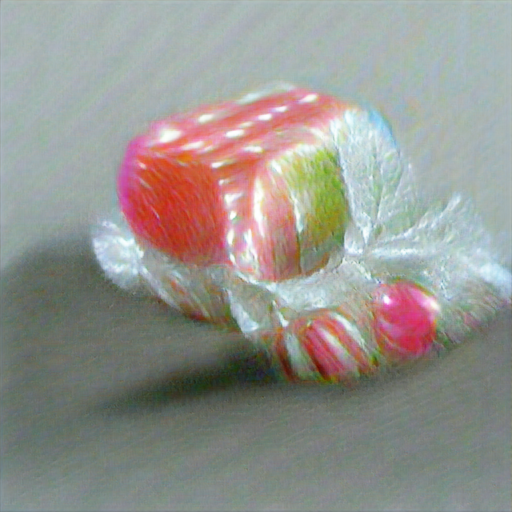 Some kind of pink and green striped hard candy nestled in cellophane