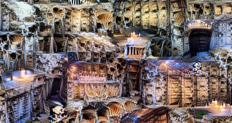 Image is an intricate tangle of bone-covered bookcases and piles of skulls.