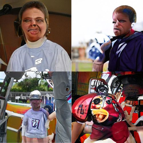 Four generated images. Upper two are people, neither of whom are wearing football helmets (although their hair may be a bit weird; hard to tell since the rest of them is so weird too). Lower left is wearing what appears to be a metallic baseball cap. Lower right… lower right is a football helmet crossed with a buck-toothed cartoon fish. Four generated images. Upper two are people, neither of whom are wearing football helmets (although their hair may be a bit weird; hard to tell since the rest of them is so weird too). Lower left is wearing what appears to be a metallic baseball cap. Lower right… lower right is a football helmet crossed with a buck-toothed cartoon fish.