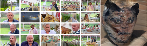 left:
collage of neural net generated GBBO images. At first glance the 20 photos in this grid look like screenshots from the Great British Bakeoff. But upon slightly closer inspection, the humans all have vague faces (or none at all), and the background makes no geometric sense. Bread floats, or bubbles. The counters are chaotic. The backdrop is nice and green though.
right:
It’s a person with a furry tortoiseshell face and cat ears. Their irises have gone strangely blonde. It is quite horrible. left:
collage of neural net generated GBBO images. At first glance the 20 photos in this grid look like screenshots from the Great British Bakeoff. But upon slightly closer inspection, the humans all have vague faces (or none at all), and the background makes no geometric sense. Bread floats, or bubbles. The counters are chaotic. The backdrop is nice and green though.
right:
It’s a person with a furry tortoiseshell face and cat ears. Their irises have gone strangely blonde. It is quite horrible.