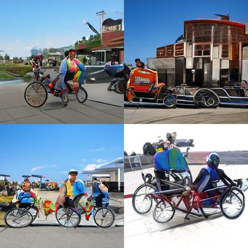 Four images that are clearly some kind of many-wheeled bicycle objects. The wheels tend to be floppy with weirdly disconnected spokes, and sometimes the wheels are hovering. There are human-adjacent riders but it’s tough to separate them form the bikes. Four images that are clearly some kind of many-wheeled bicycle objects. The wheels tend to be floppy with weirdly disconnected spokes, and sometimes the wheels are hovering. There are human-adjacent riders but it’s tough to separate them form the bikes.