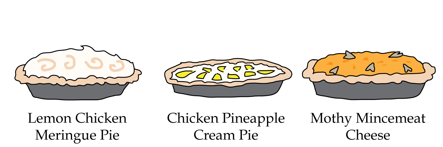 Chicken Pineapple Cream Pie, Lemon Chicken Meringue Pie, Mothy Mincemeat Cheese Chicken Pineapple Cream Pie, Lemon Chicken Meringue Pie, Mothy Mincemeat Cheese