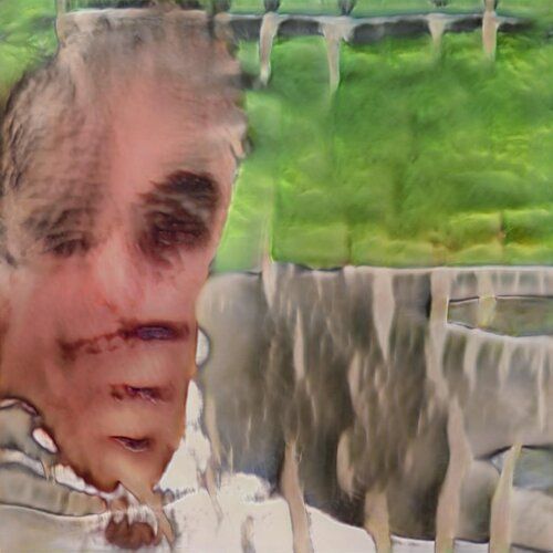 Likely supposed to be a human, with two eyes, the faintest suggestion of a nose, and then three stacked dark smudges that could each be an attempt at a nose or mouth or even more eyes. The background is heavily striped as well. Likely supposed to be a human, with two eyes, the faintest suggestion of a nose, and then three stacked dark smudges that could each be an attempt at a nose or mouth or even more eyes. The background is heavily striped as well.