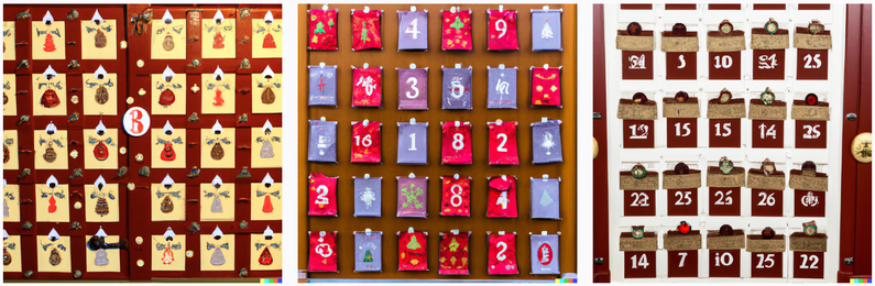 Three advent calendars with illegible numbers and inscrutable illustrations
