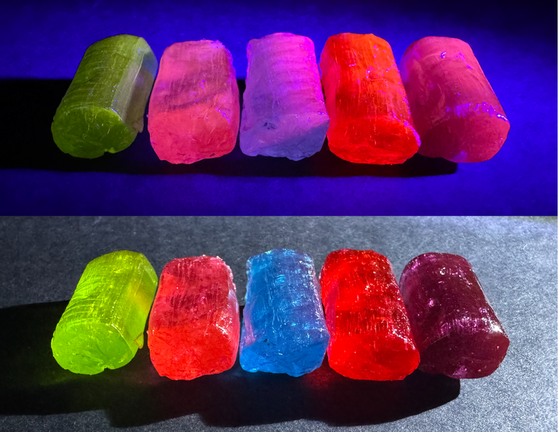 Jolly Rancher candies glowing under UV (blacklight) illumination