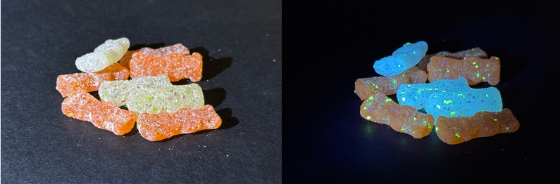 Sour Patch glowups are orange and white under visible light and speckled with bright green under UV