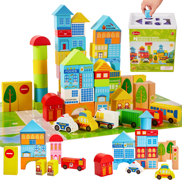 Bloques Madera Construccion con Puzzle Infantil