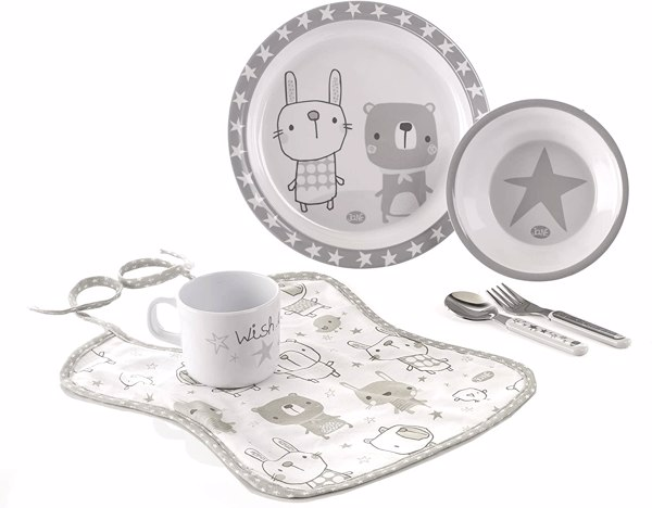 Set de Vajilla, Incluye Taza, Plato, Cuenco, Babero y Cubiertos. Apto para Microondas y Lavavajillas, Ideal para Regalo