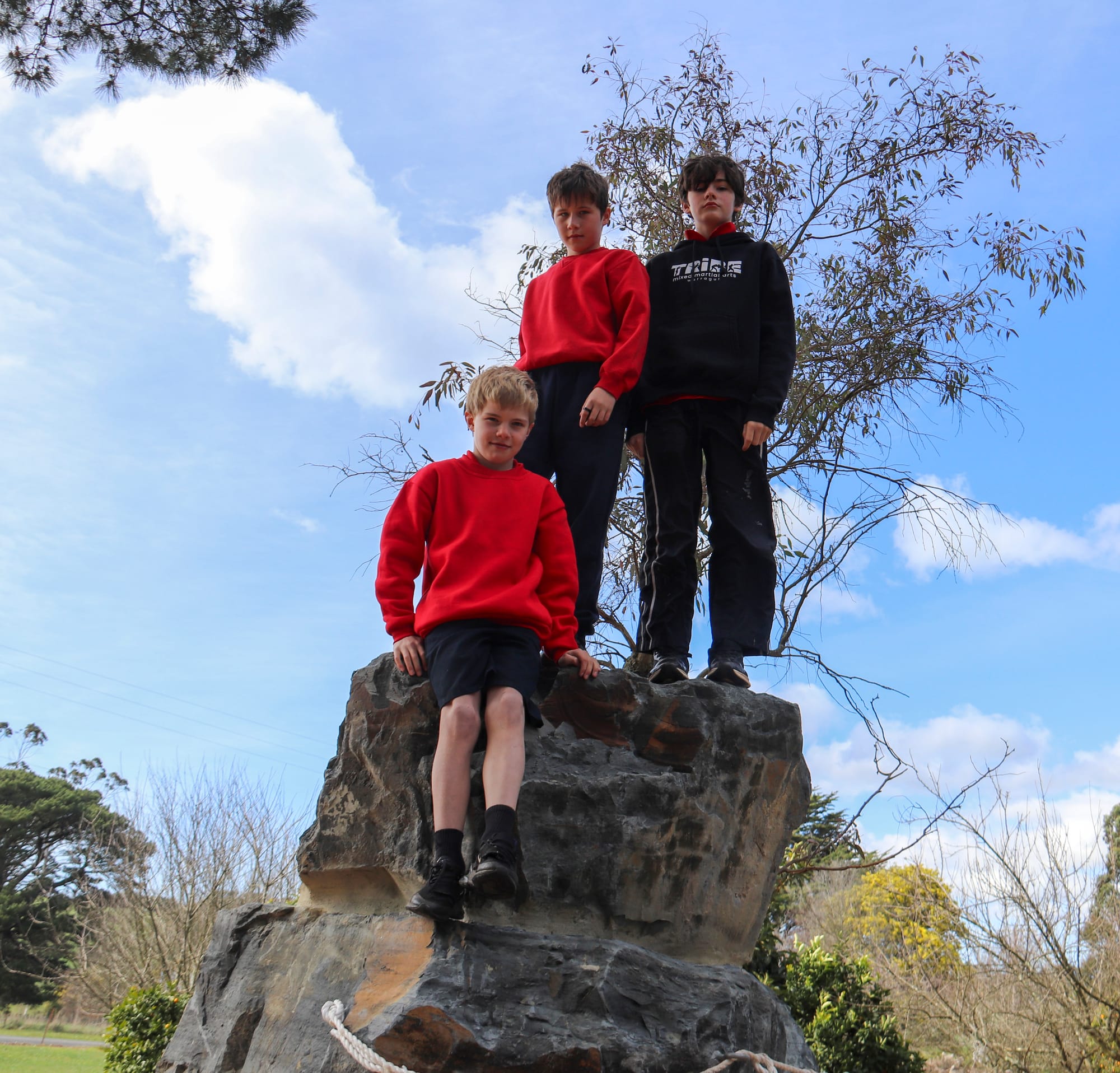 Looking like the kings of the castle, Charlie, Eddie and Dylan climbed to the top of the boulders on the natural playground.