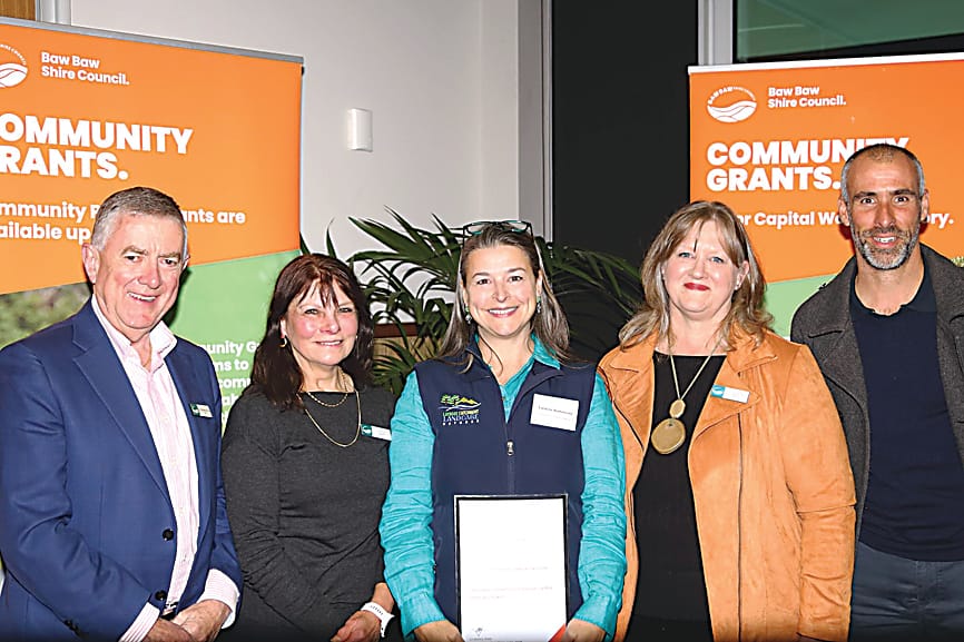 Latrobe Catchment Landcare Network received $4756 for the purchase of storage containers, foldout tables and a branded events kit in the environmental initiatives categories.  The grant was received by Caroline Hammond (centre) from council representatives (from left) Crs Danny Goss, Tricia Jones, Suzanne Allen and Paul Pratt.