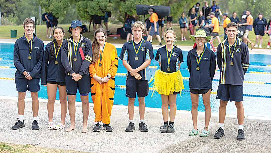 Age champions at Chairo's senior school swimming sports were (from left) Ben Smith, Bexie Clements, Hamish Zurrer, Meg Stokes, Riley Williams, Amber Ross, Skye Norman and Aaron Nucara.