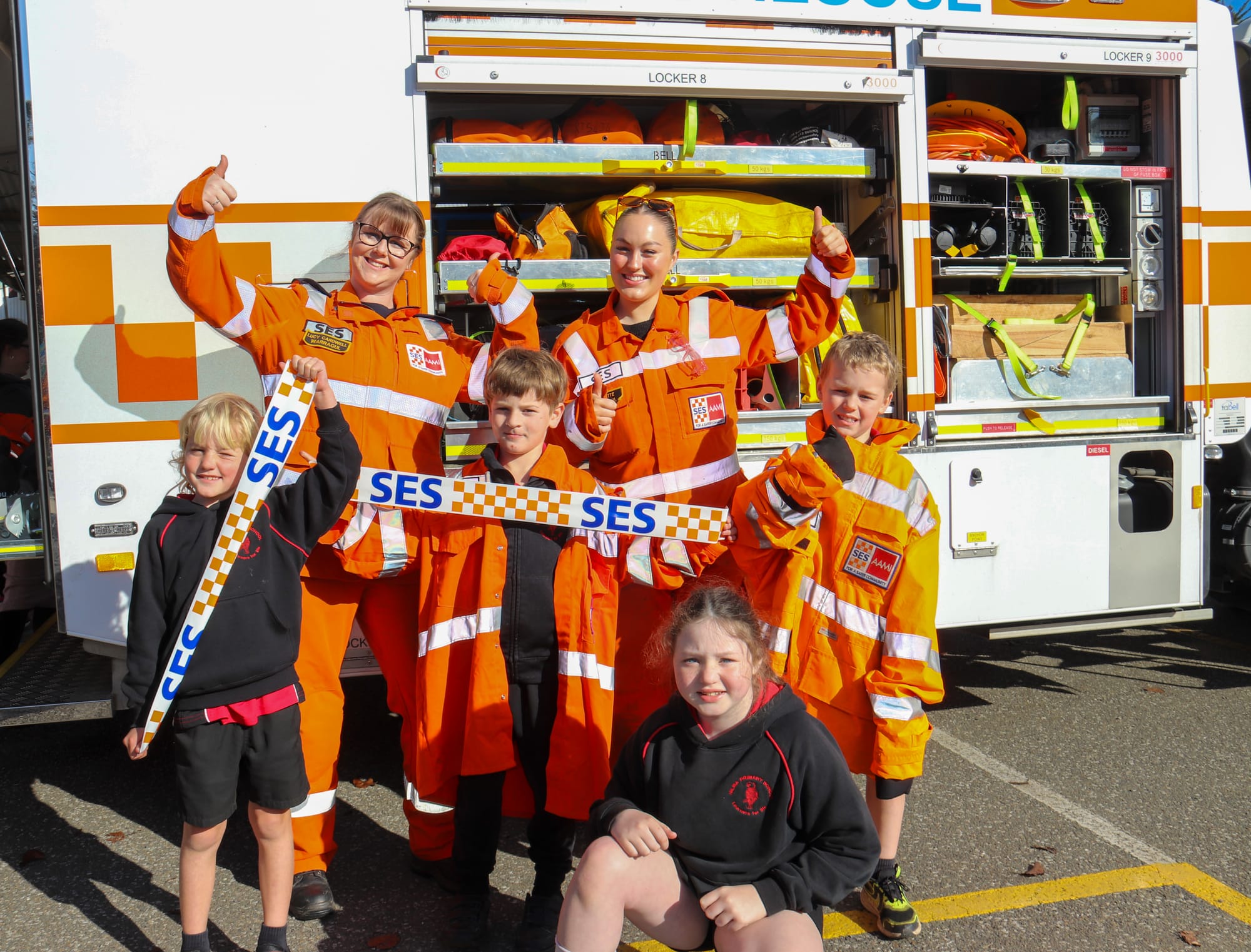 Nilma Primary School students gave a special shout-out to local emergency services workers on Wednesday for Thank a First Responder Day.Ty, Tye, Bobby and Violet were excited to meet and thank Warragul SES members Lucy Cardwell and Charlotte Brown.  Photograph: BONNIE COLLINGSStory and photographs - p22