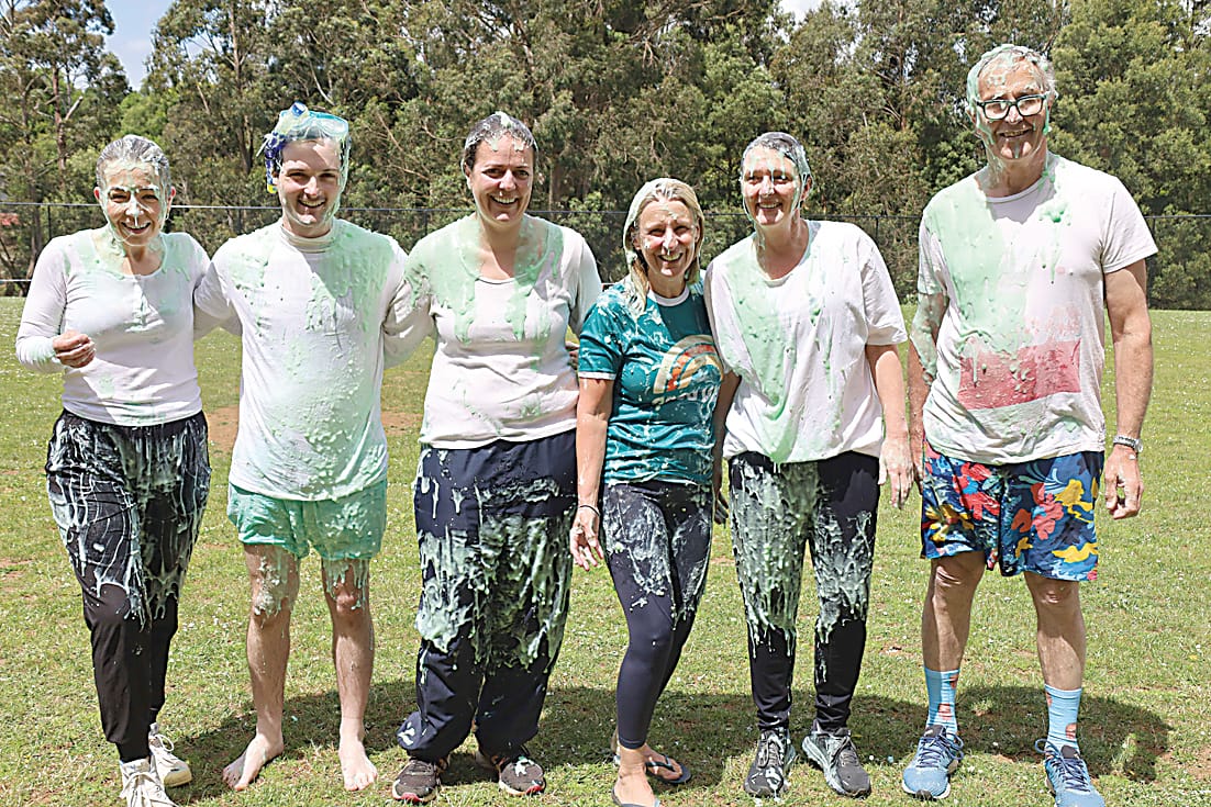 The six chosen staff members who were covered in slime: Kassie Olivier, Thomas Rock, Emily Murphy, Janice Diston, Jasmin Prestidge and Phil Barkla.