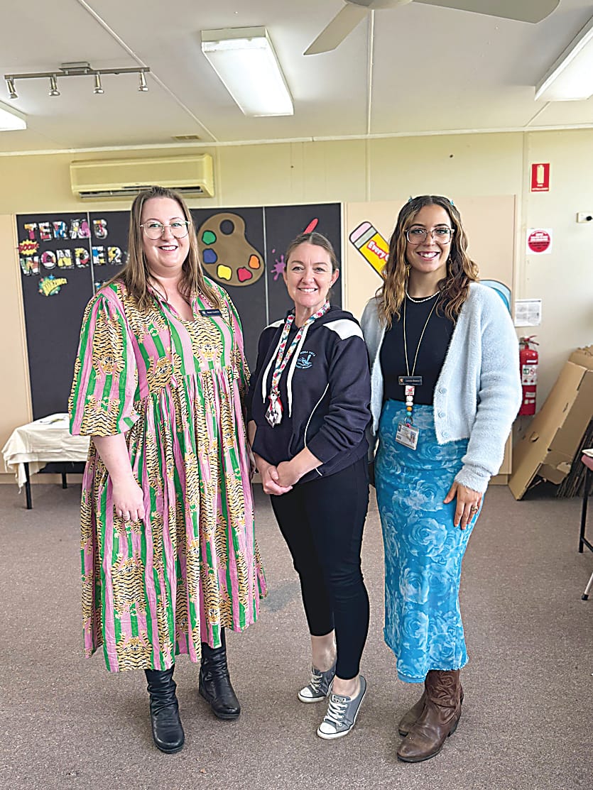 Warragul Regional College art teachers Melanie Crookston (left) and Lakeisha Binaisse (right) with Bona Vista Primary School art instructor Trish Lott.  The staff worked together to bring the creative monster collaboration to life.