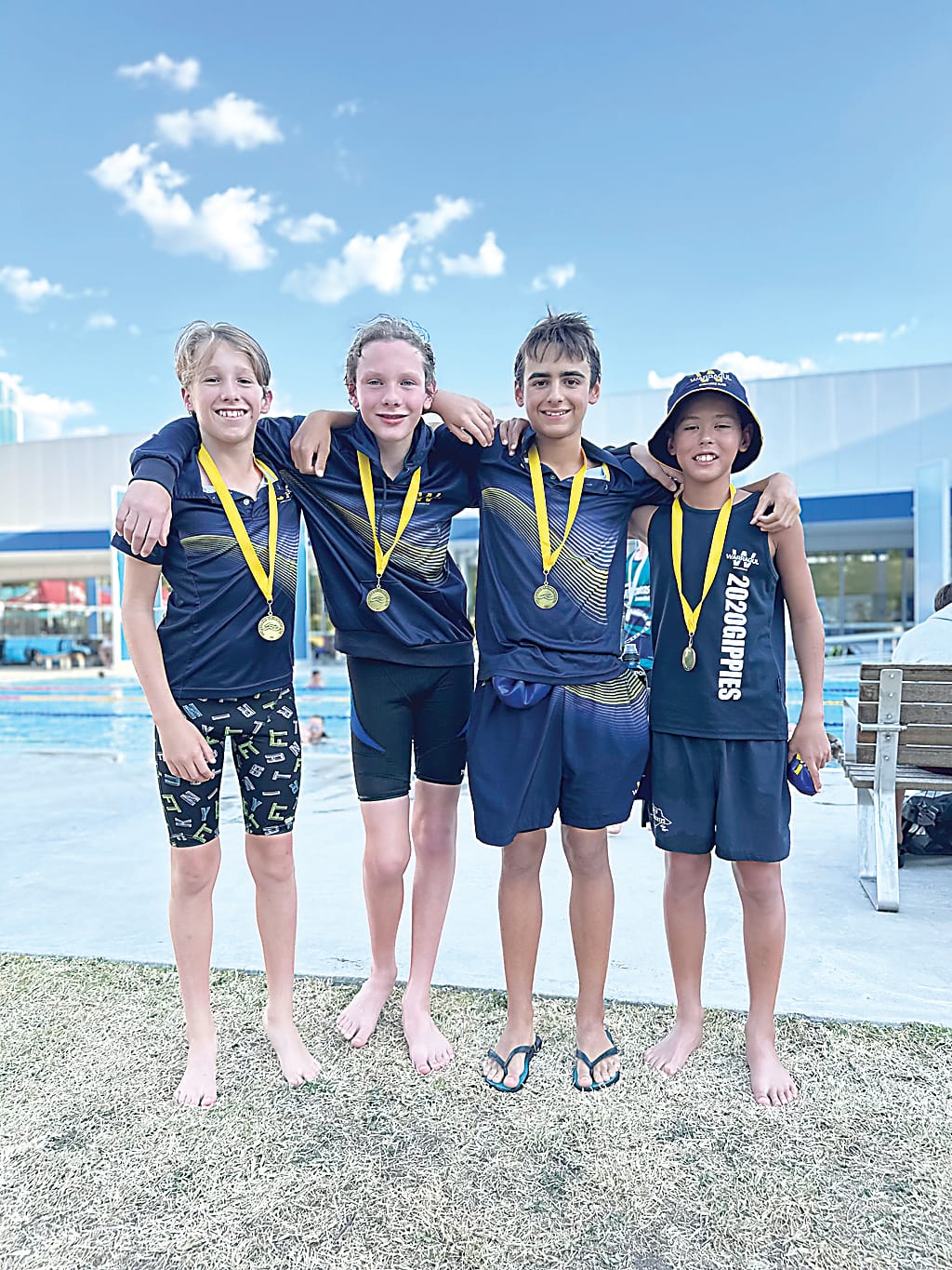 The Warragul under 12 boys are all smiles after winning gold in the 200m medley relay. The team includes (from left) Joseph McInerney, Troy Oswald, Hugo Pankhurst and Thomas Sahhar.