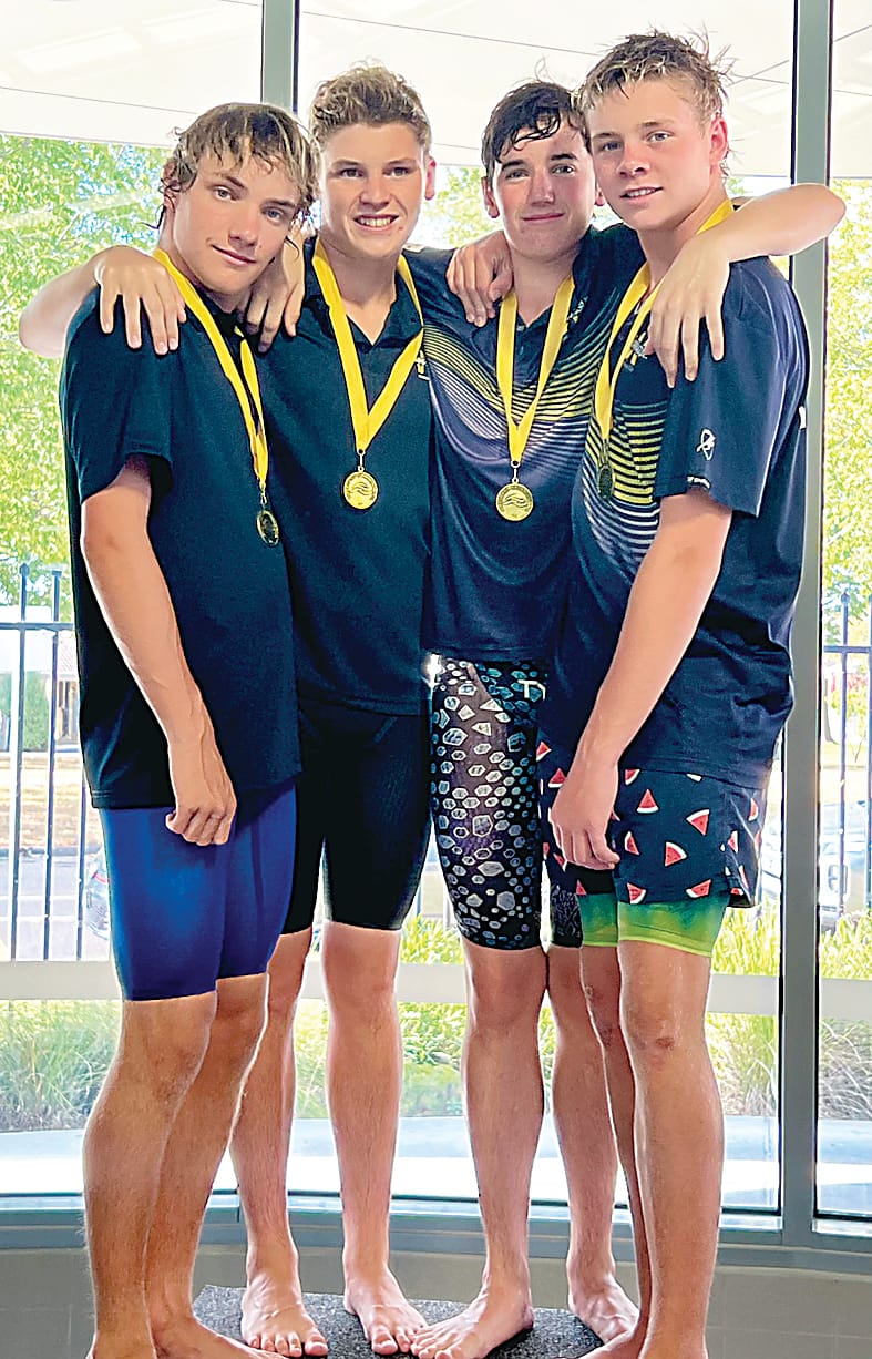 The new Gippsland record holders for under 14 boys freestyle relay are the Warragul team of (from left) Riley Williams, Campbell Nicholson, Jesse Griffin and Kade Cannon.