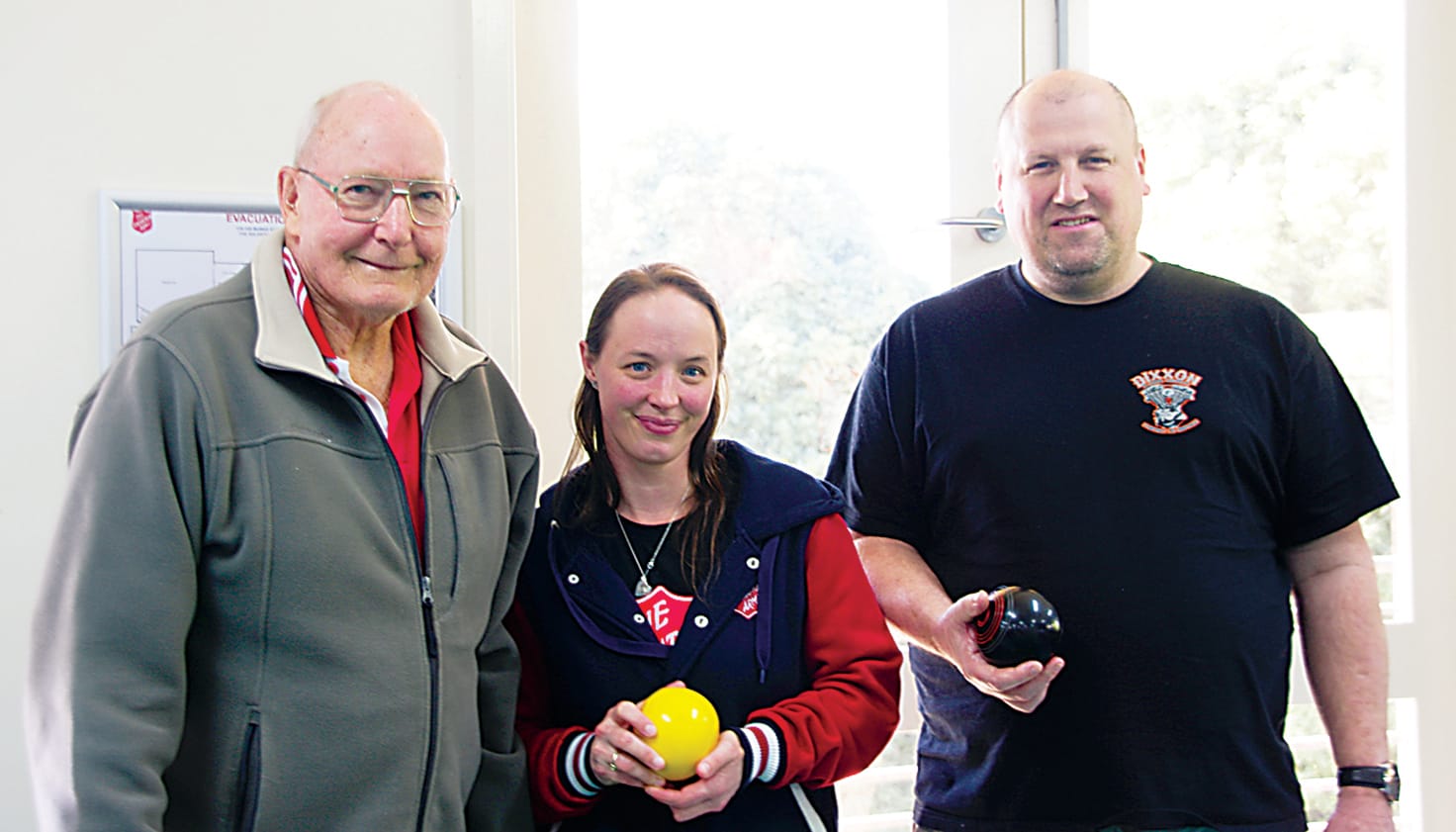 Keith Hobbs, Vicki Morris and Dale Vibert enjoyed a game of carpet bowls at the Salvation Army brunch.