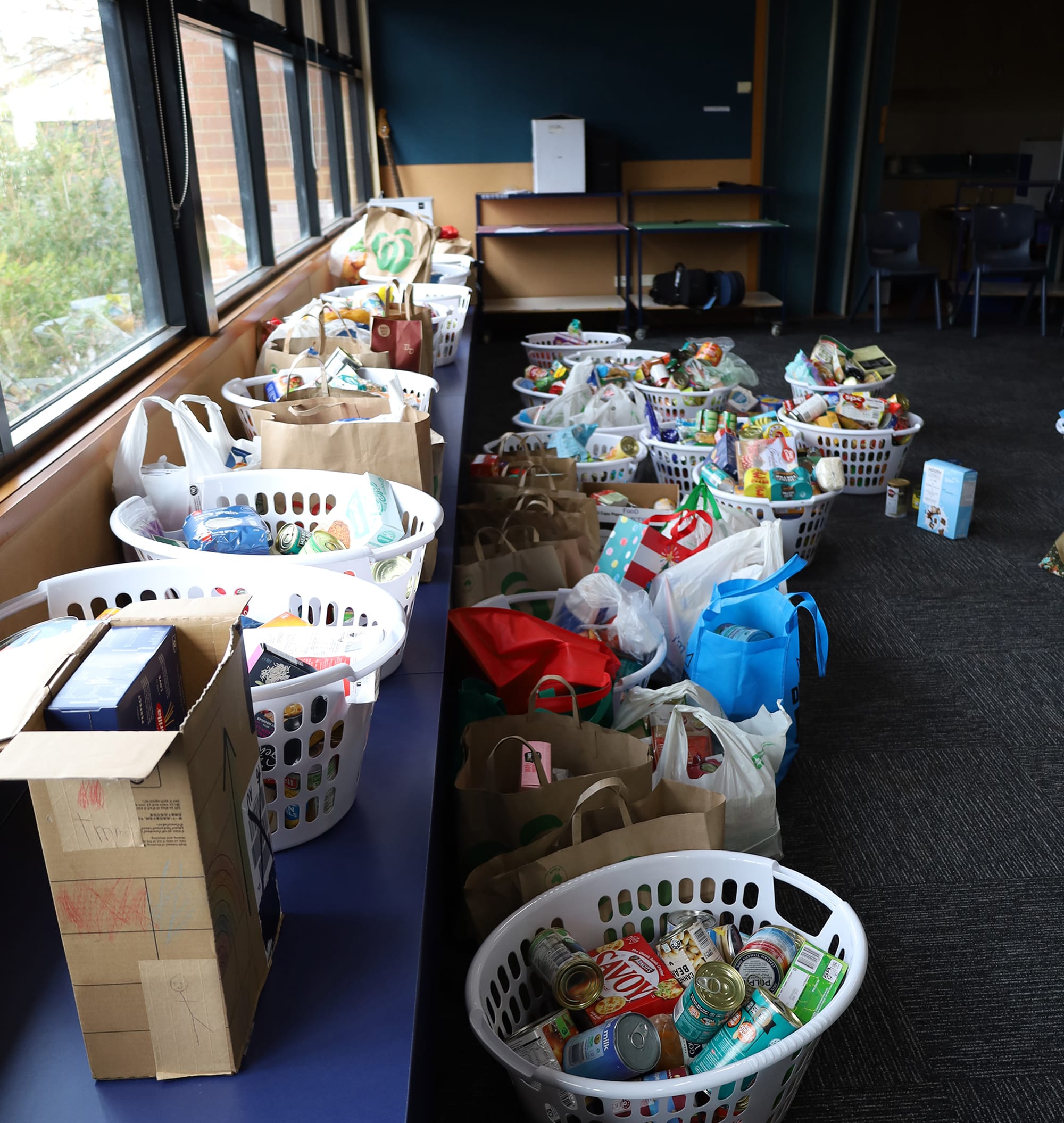 Baskets of food filled by junior school students for those in need in our community.