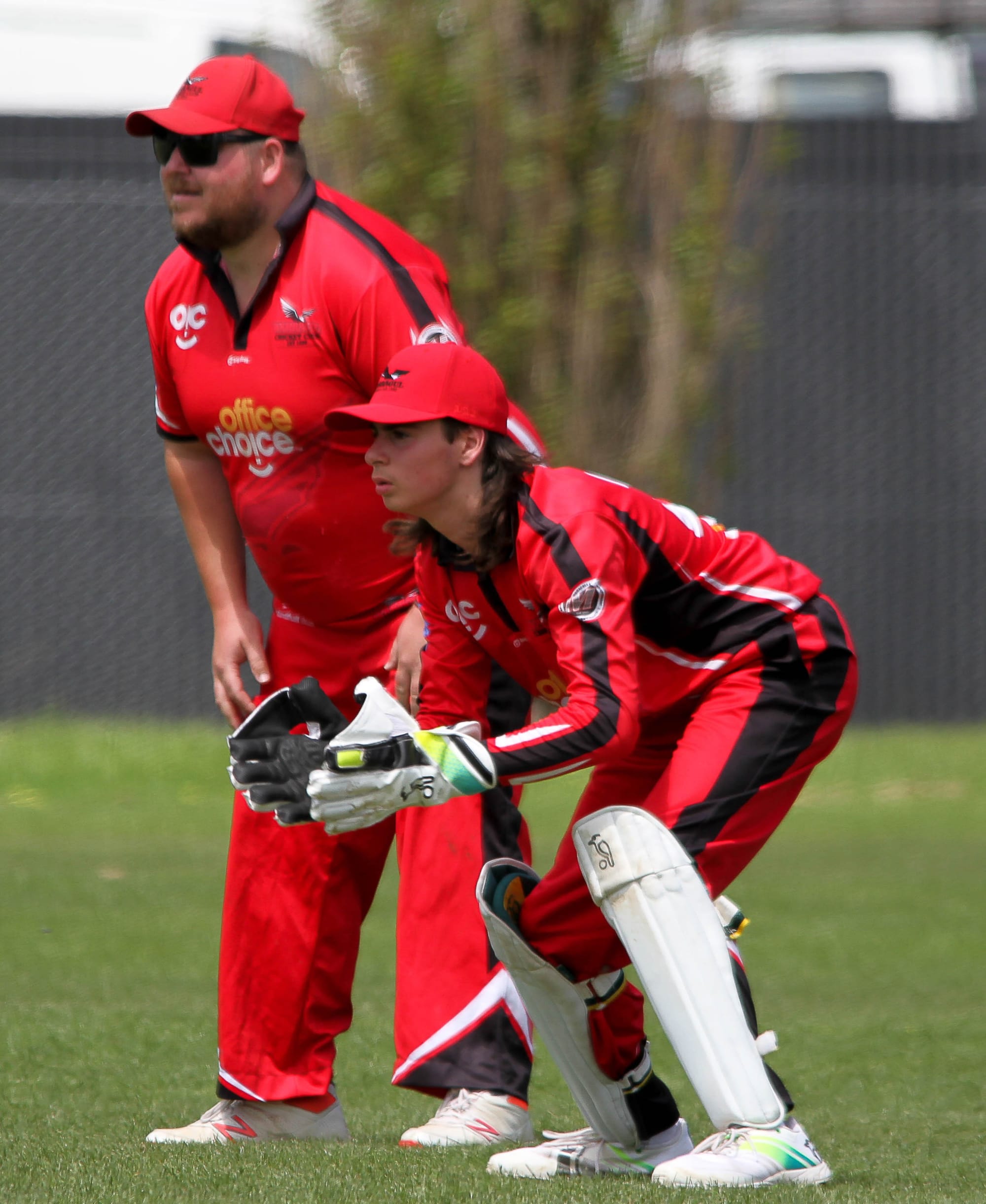Warragul's Stacy Best (left) and Tyler Best await the incoming ball from the bowler. 