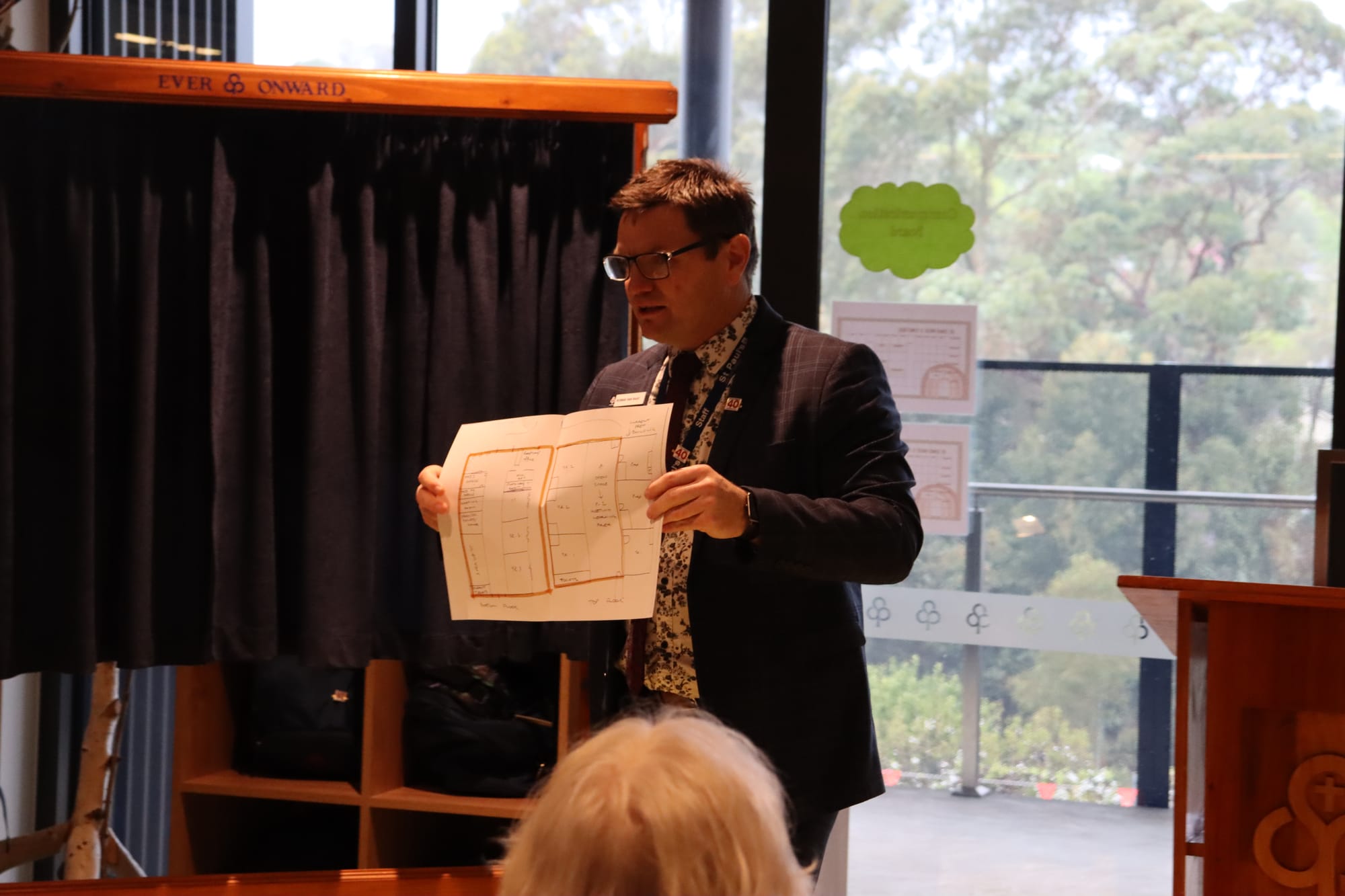 Head of Junior School Rowan van Raay shows off his initial concept for the learning and administration building.