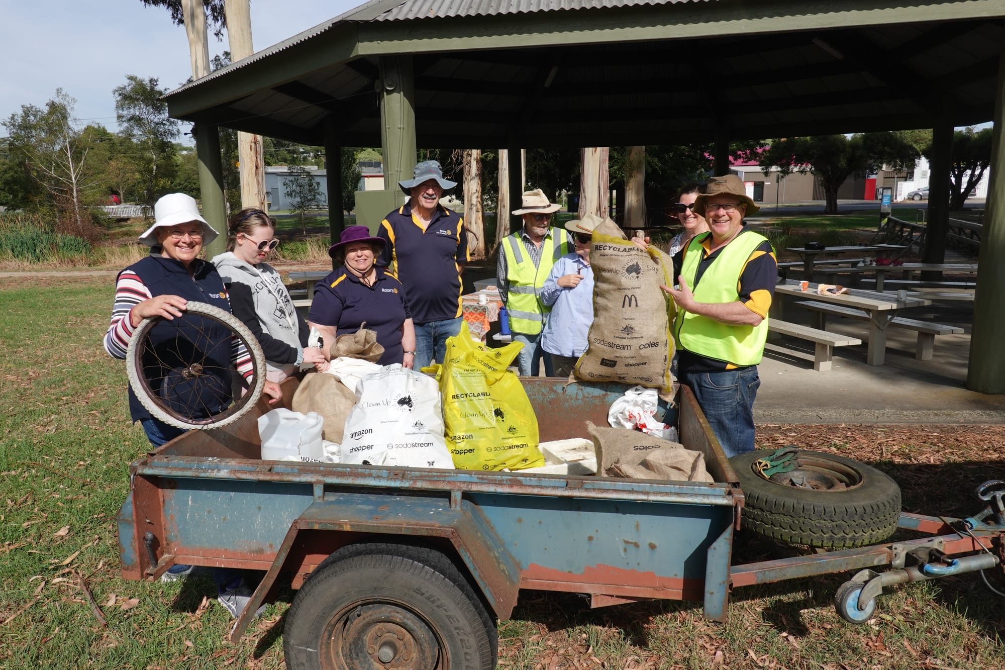 Warragul Rotarians with the collected rubbish ready to head for the Baw Baw Shire transfer station (from left) Andrea Klindworth, Anna Chilver, Teresa Mitchell, Tony Carson, Ross Dawson, Anthea Dacy, Fleur Craig and Geoff Chilver.