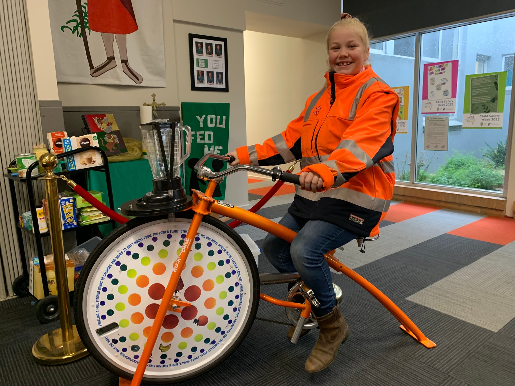 St Joseph's student Olivia Pedemont makes smoothies on the smoothie bike.