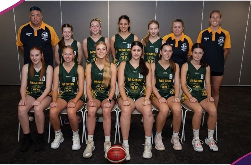 The Marist-Sion girls basketball team is (back, from left) Daniel Yamada (coach), Alishia Jameison, Maisie Manfield, Maci James, Juliet Stacey, Julie McMillan (organiser), April Bethune (manager), (front, from left) Tillie Stacey, Holly Carlsen, Tillie Manfield, Ella Tharle, Ruby Francis, Evelyn McIntyre.