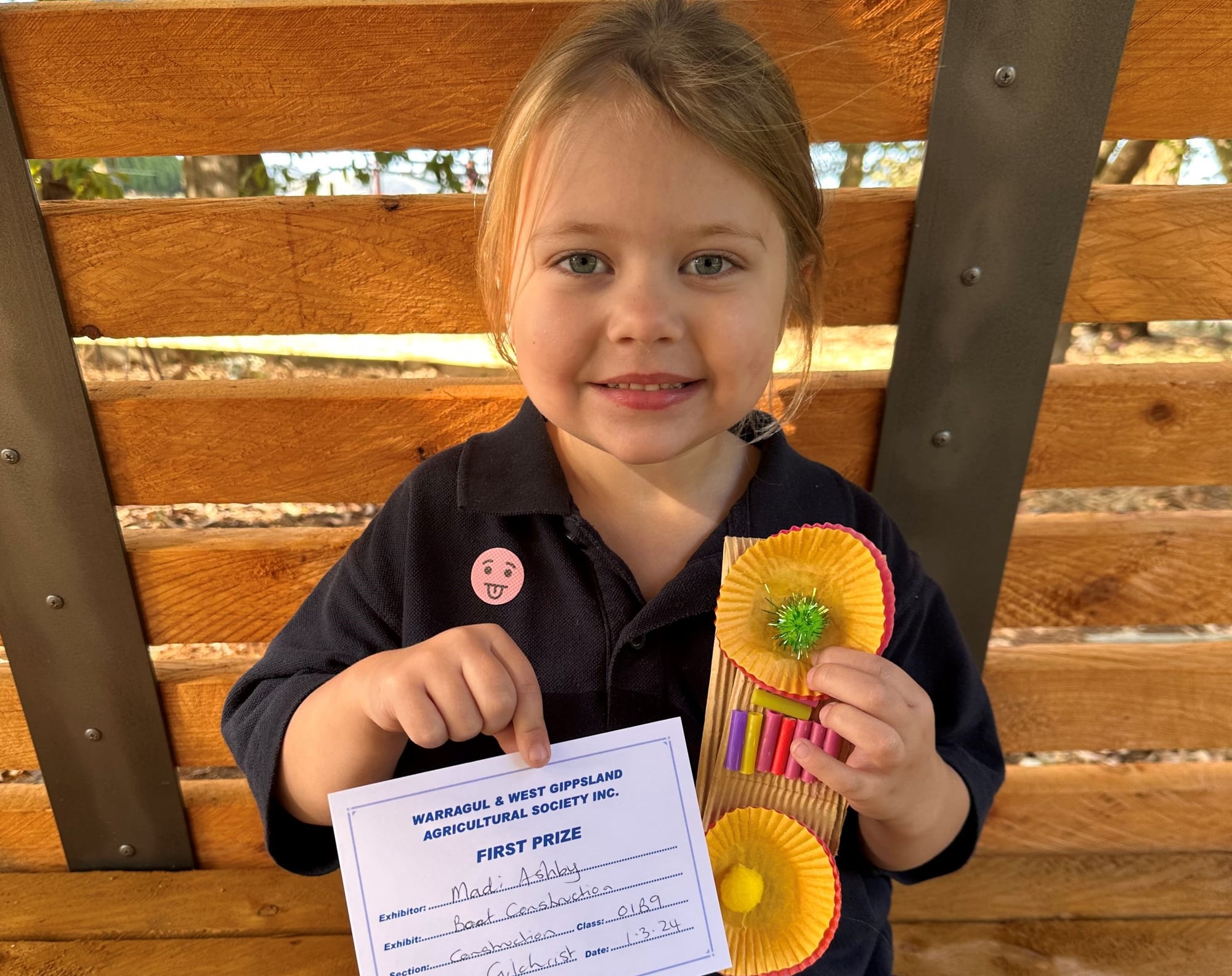 Prep student Madi Ashby was all smiles after receiving first placing for her construction entry in the Warragul Show.