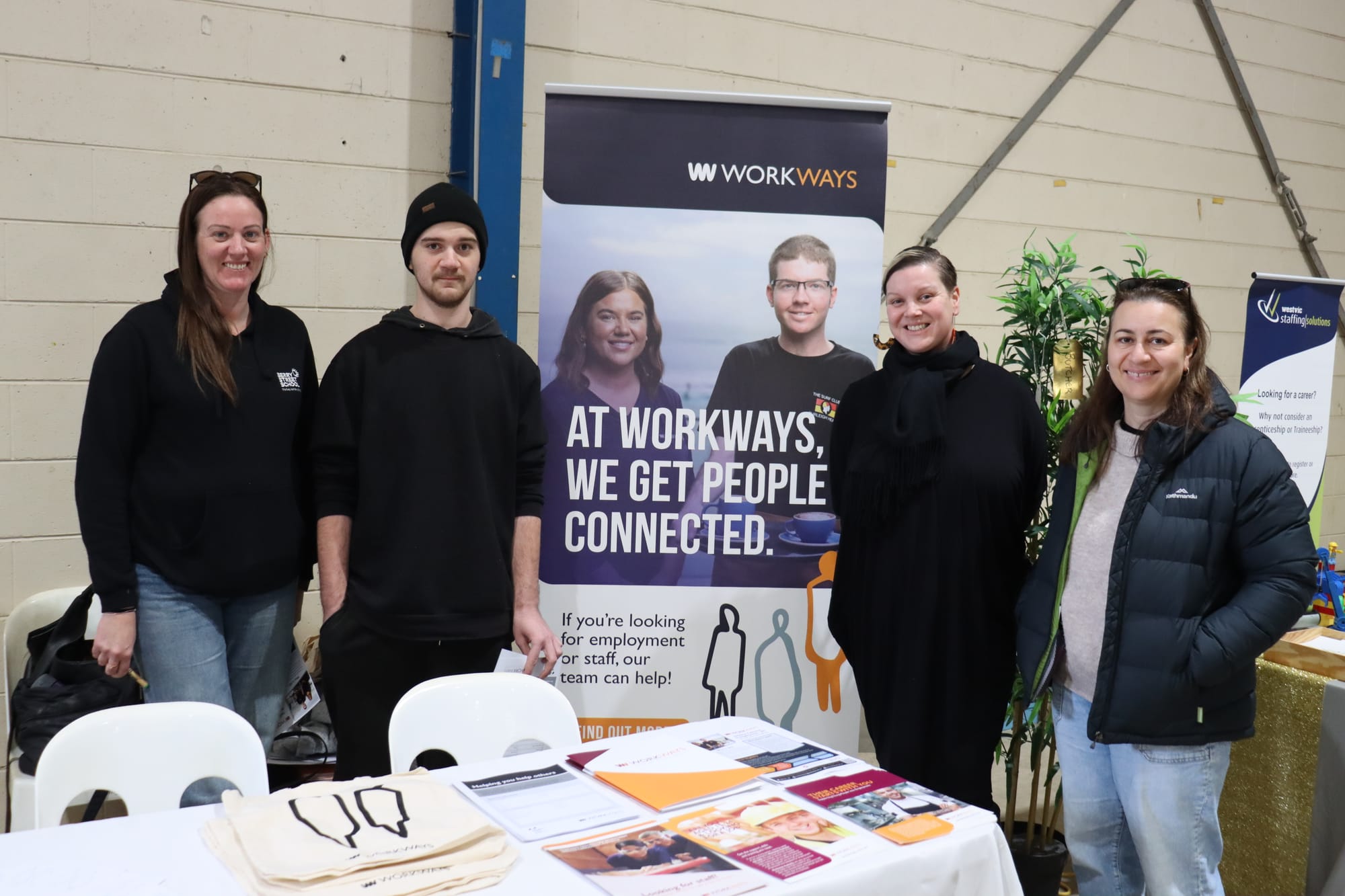On the Workways stand are Liesel Sultana from Berry Street with student Cody McLarty with Workways representatives Ria Thornton and Jennifer Dwyer
