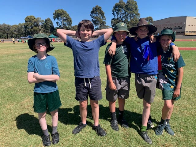 Grade six boys at the school athletics carnival (from left) Collin, Tom, Kaylem, John and Remy.