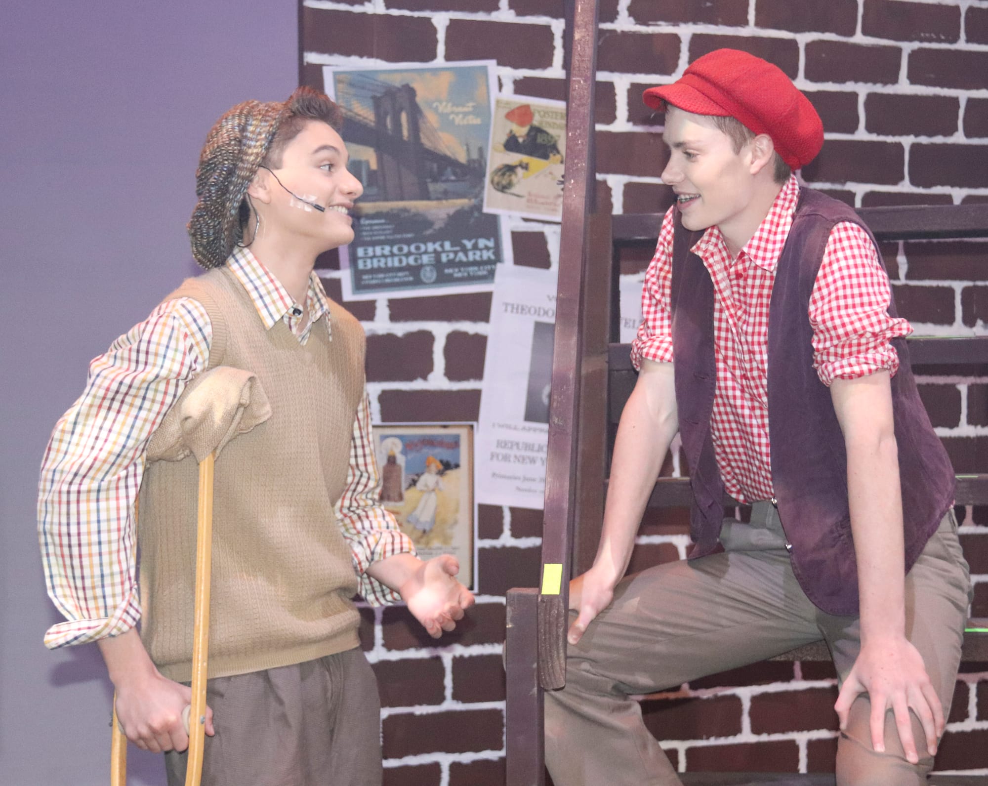 Best of friends, Crutchie (Lucas Demicoli, left) and Jack Kelly (Noa Fogarty, right) always stick together.