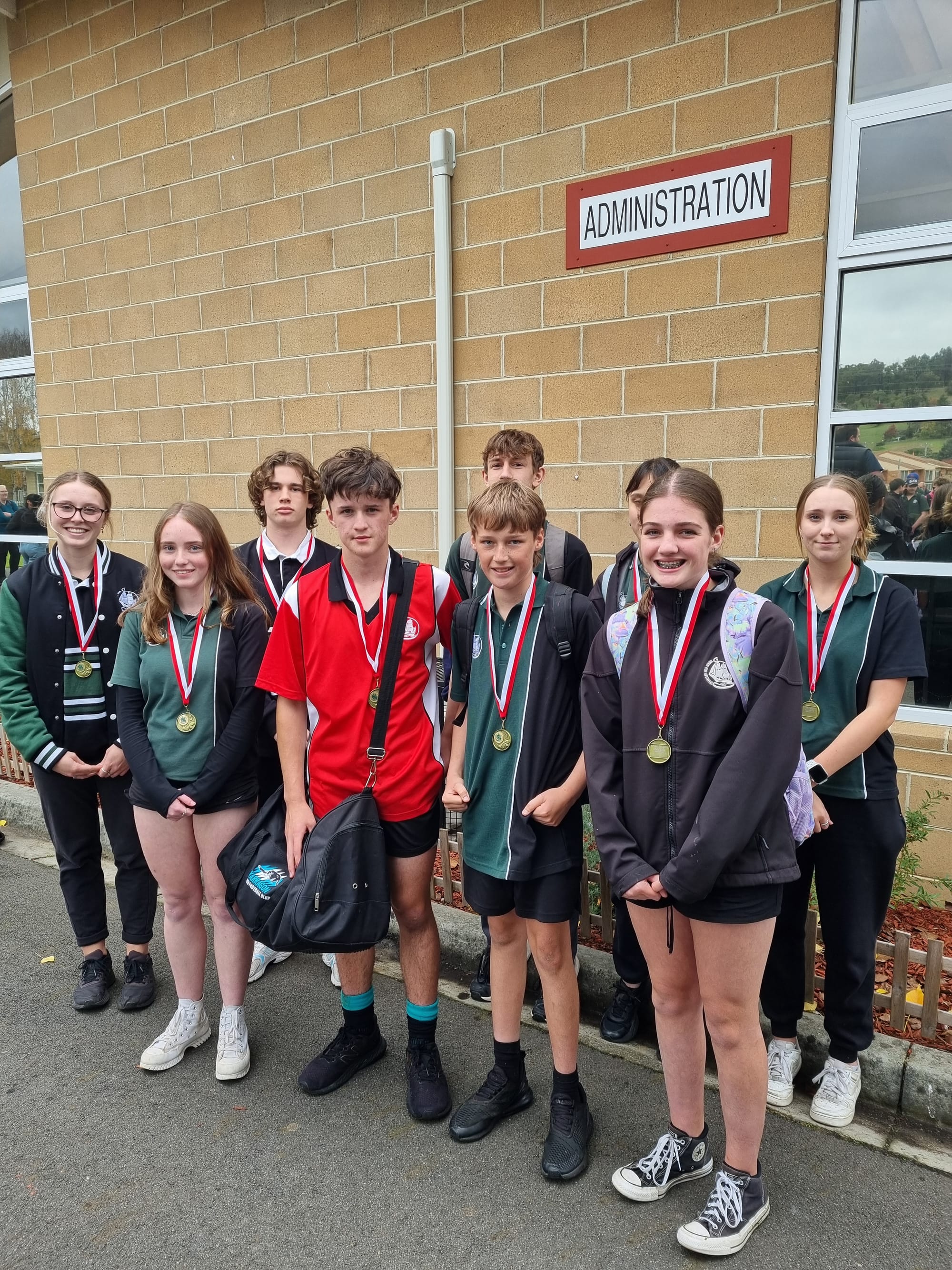 All smiles after athletics day for Trafalgar High School are age group winners (back, from left) William Ambler, Jake Horn, Madison Schrader, Rebecca Geisler, (front, from left) Poppy Susa, Haylee Sutton, Joshua Piovesan, Darcy Beechey Orgill and Aleera Devries. Absent: Hanna Schloetel, Mason Malady and James Pace.